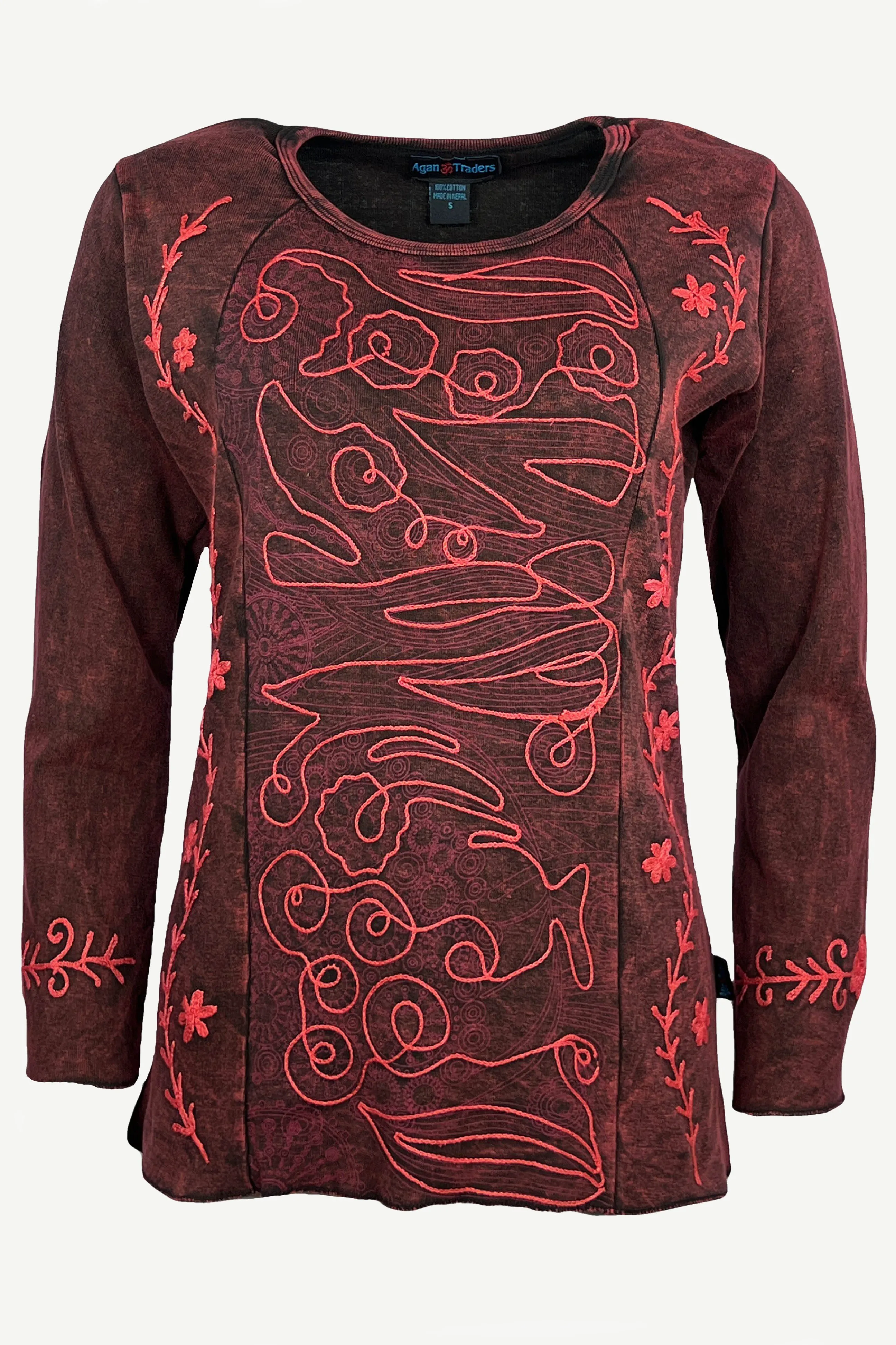 267 Bohemian Stonewashed Embroidered Stylish Tie dye Long Sleeve Shirt Blouse
