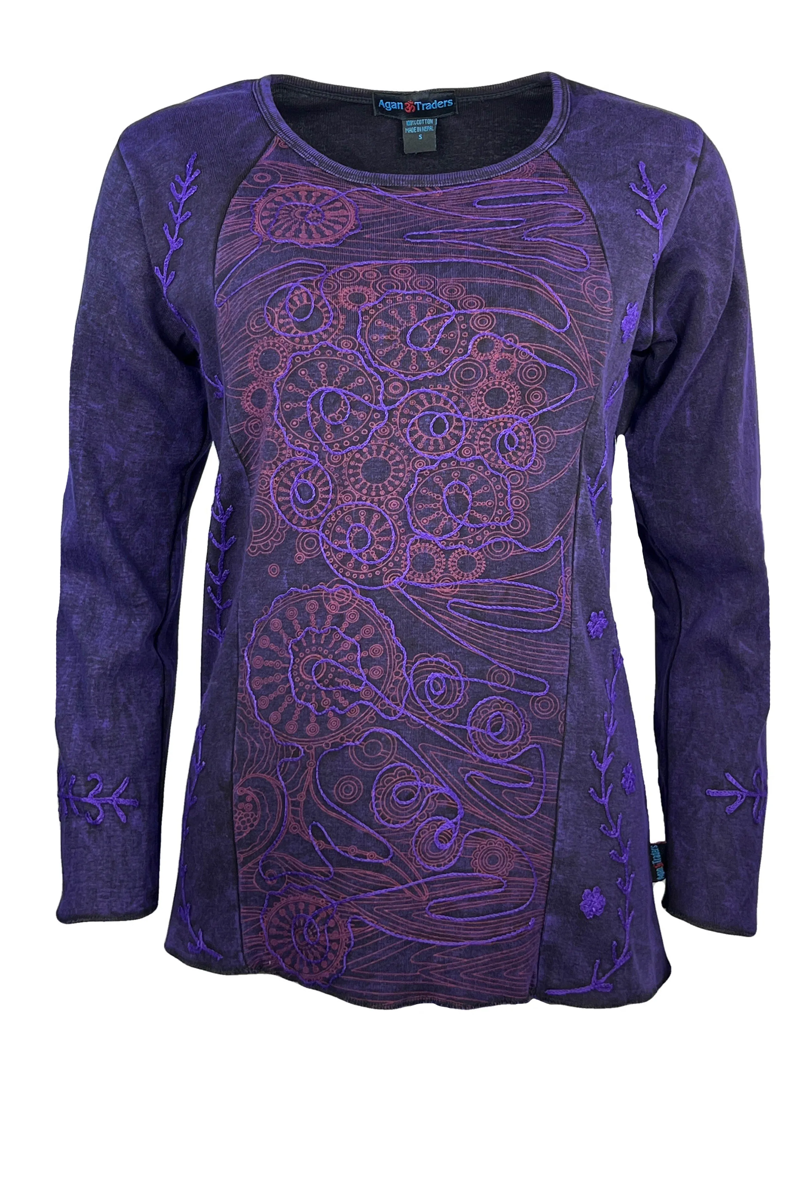 267 Bohemian Stonewashed Embroidered Stylish Tie dye Long Sleeve Shirt Blouse