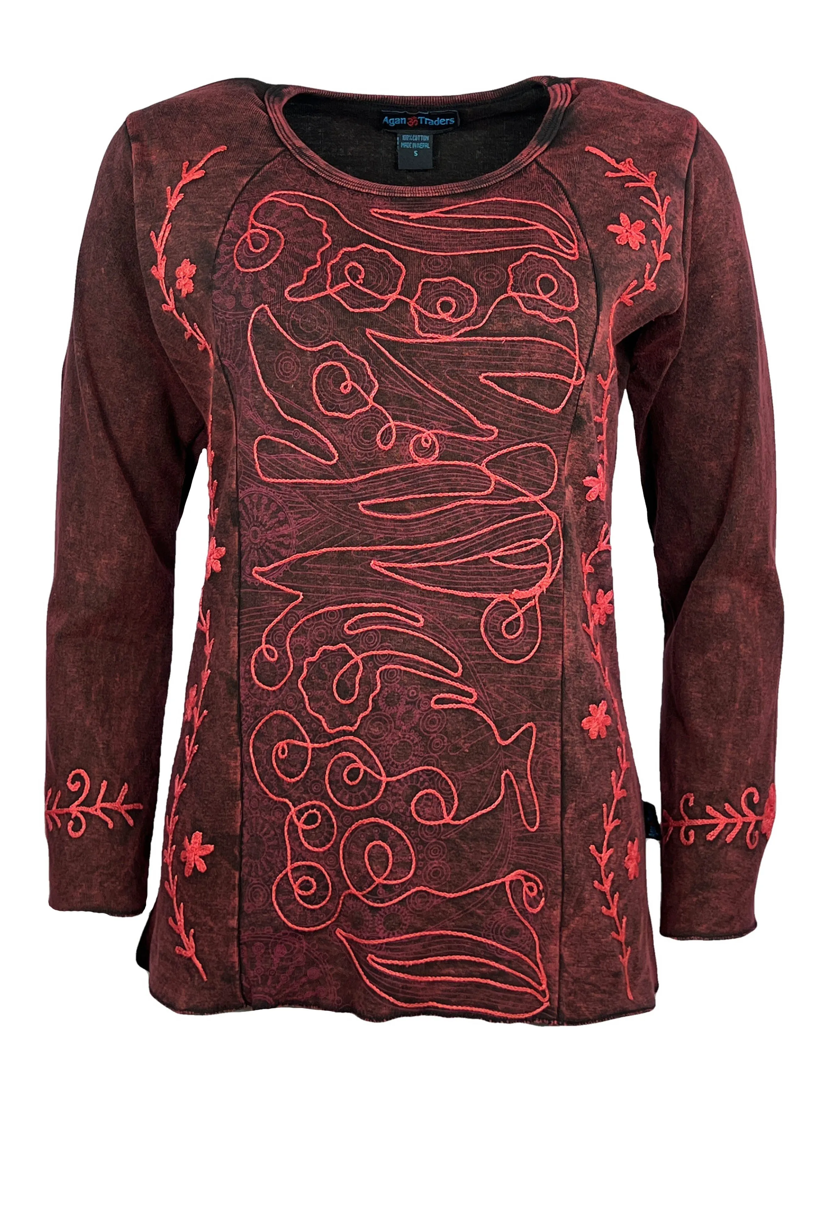 267 Bohemian Stonewashed Embroidered Stylish Tie dye Long Sleeve Shirt Blouse
