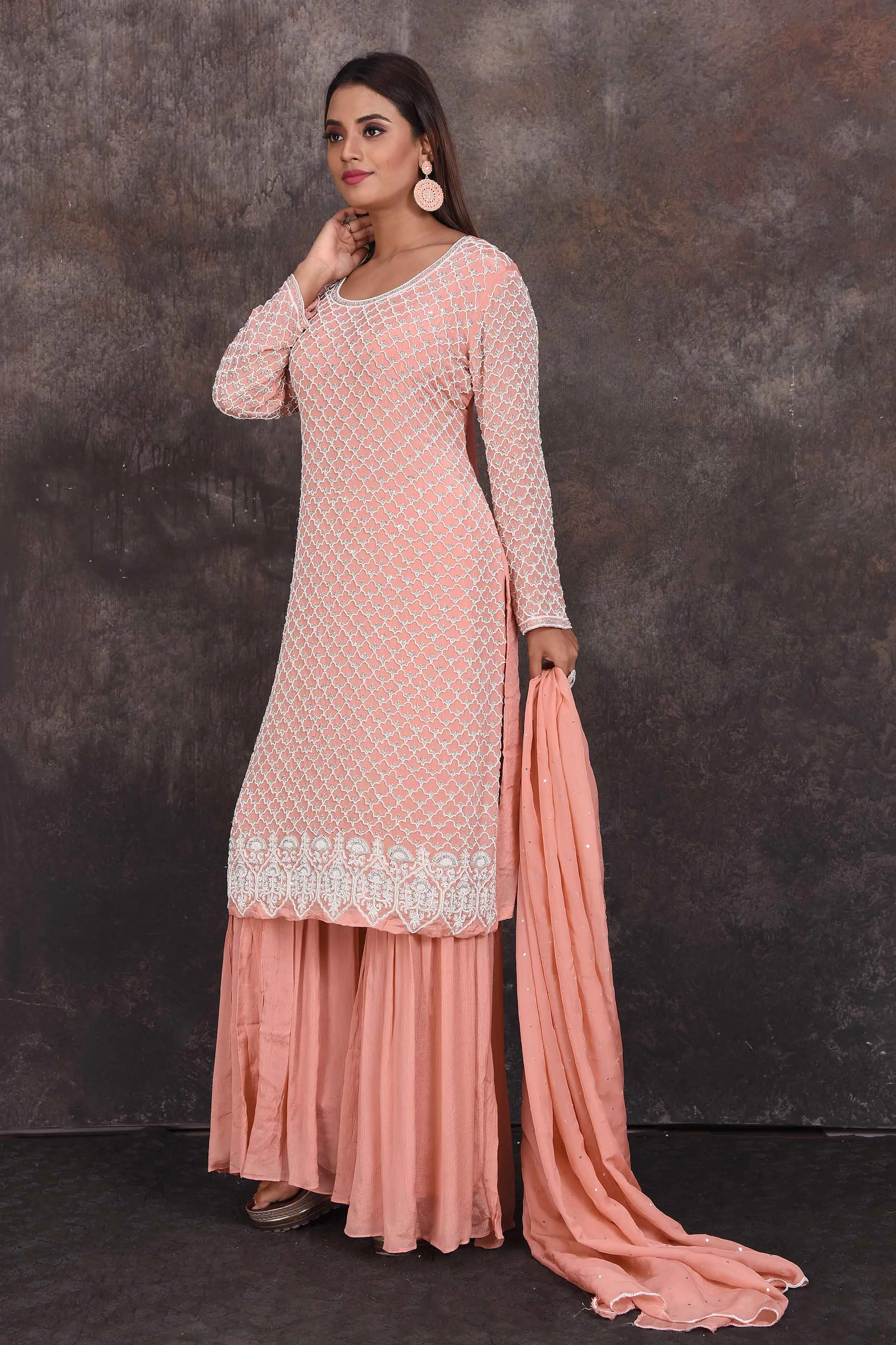 503351 Peach Embroidered Sharara Suit with Dupatta