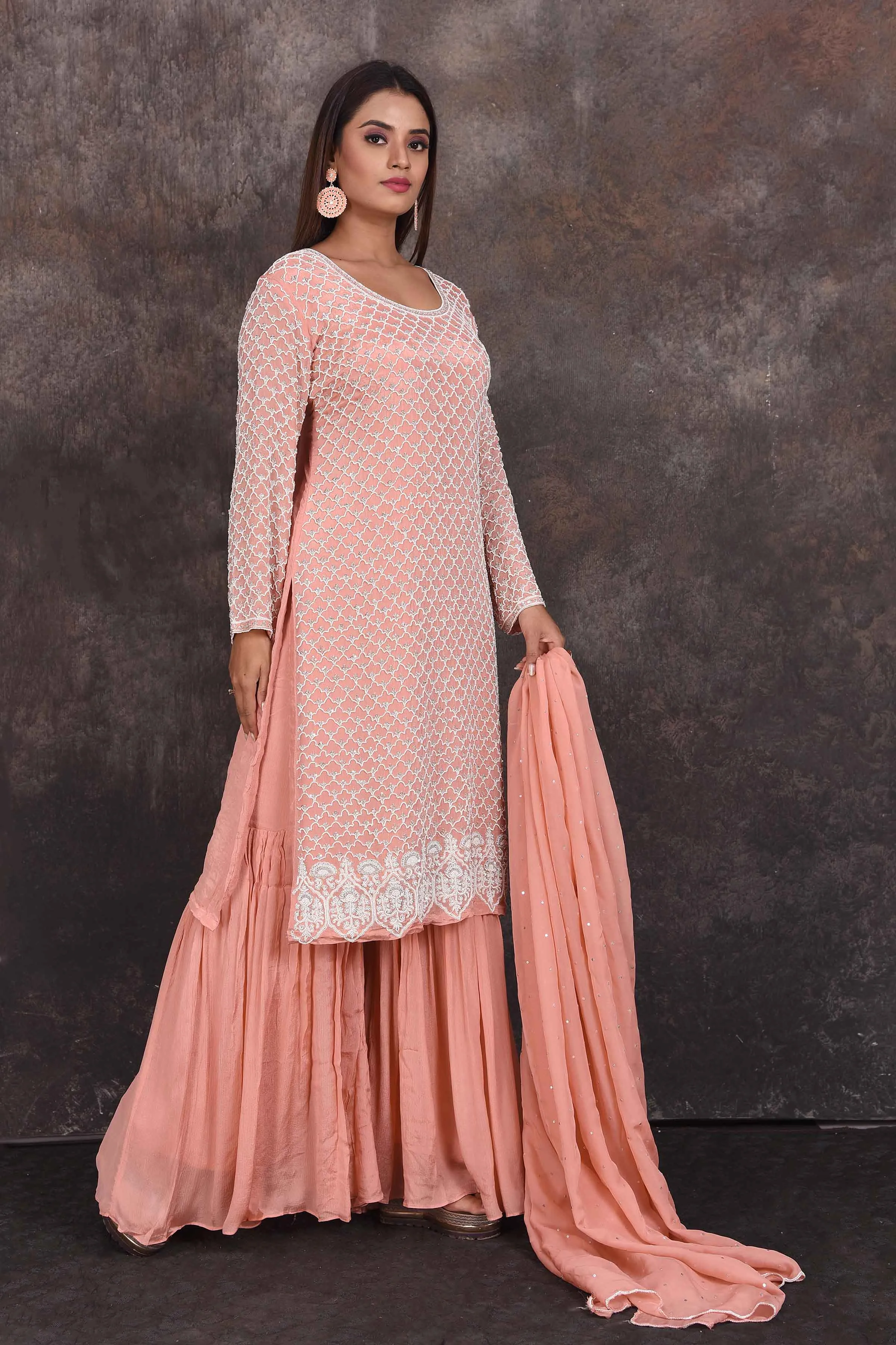 503351 Peach Embroidered Sharara Suit with Dupatta