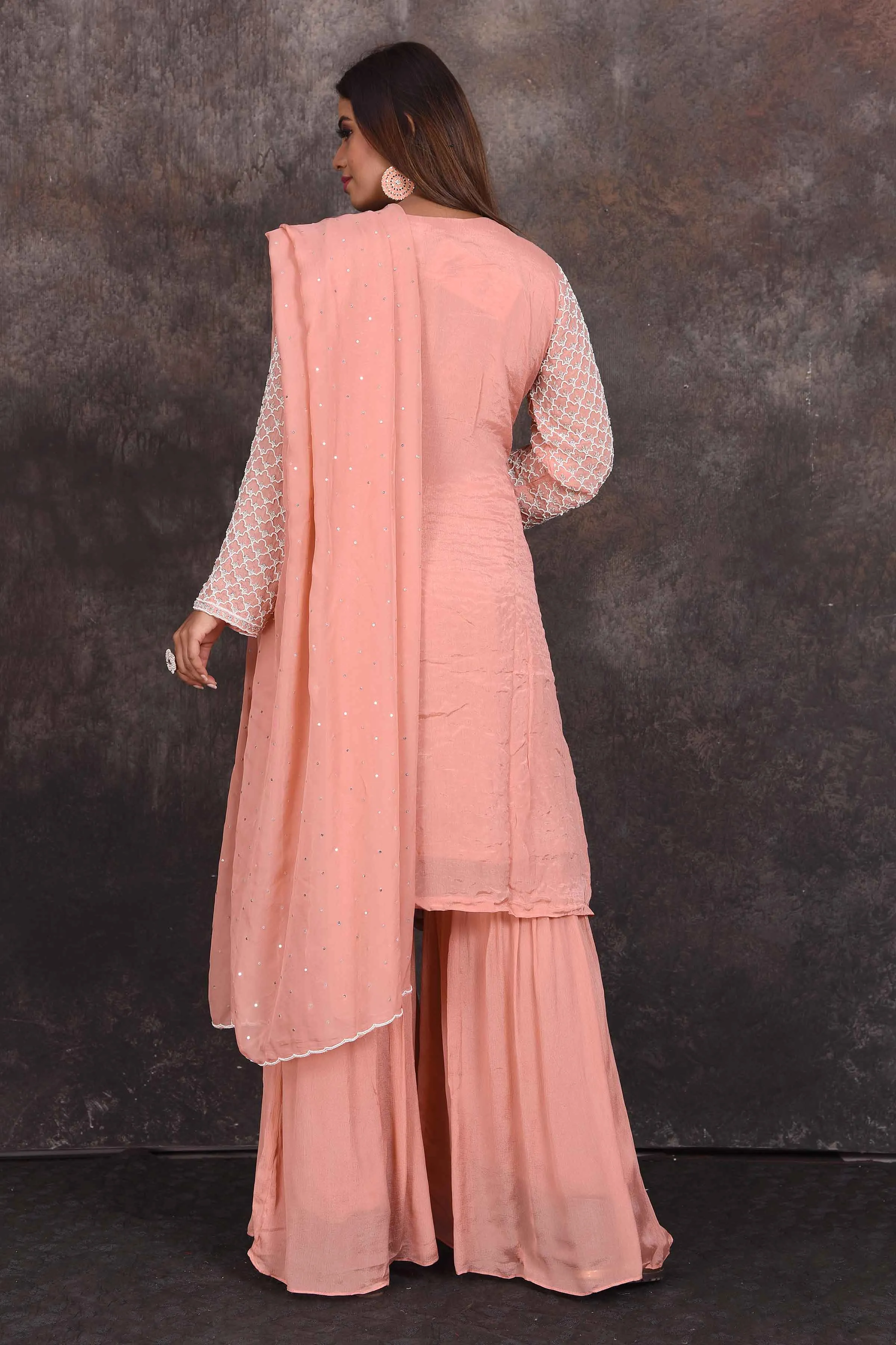 503351 Peach Embroidered Sharara Suit with Dupatta