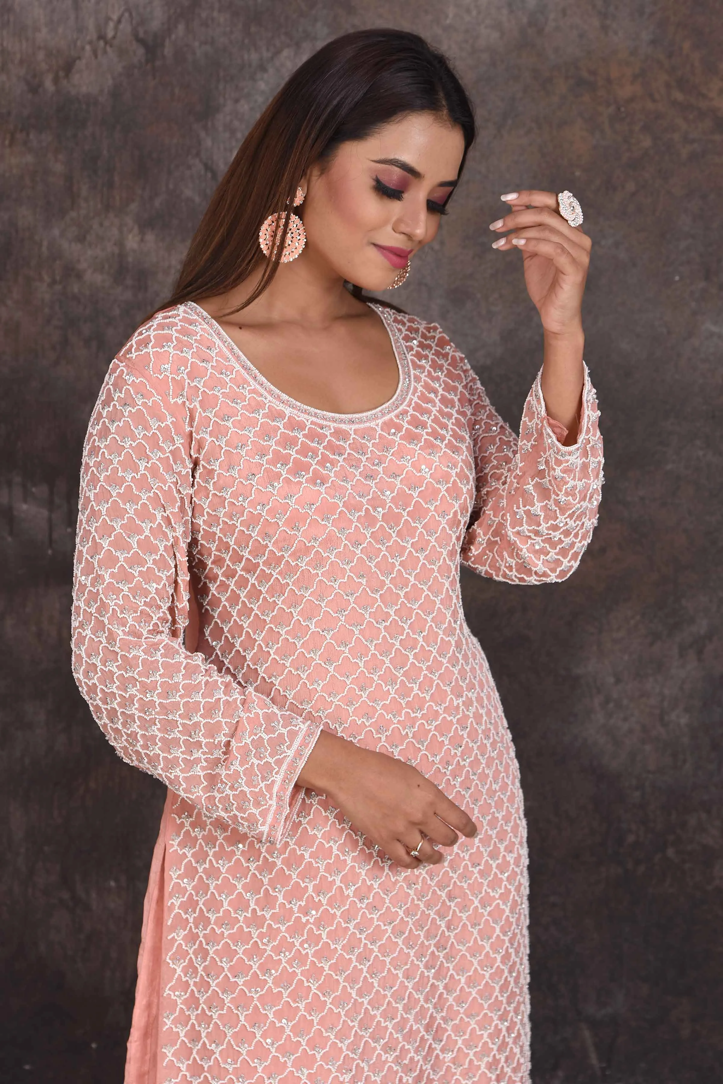 503351 Peach Embroidered Sharara Suit with Dupatta