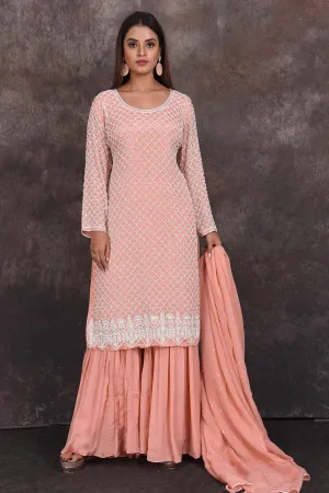 503351 Peach Embroidered Sharara Suit with Dupatta