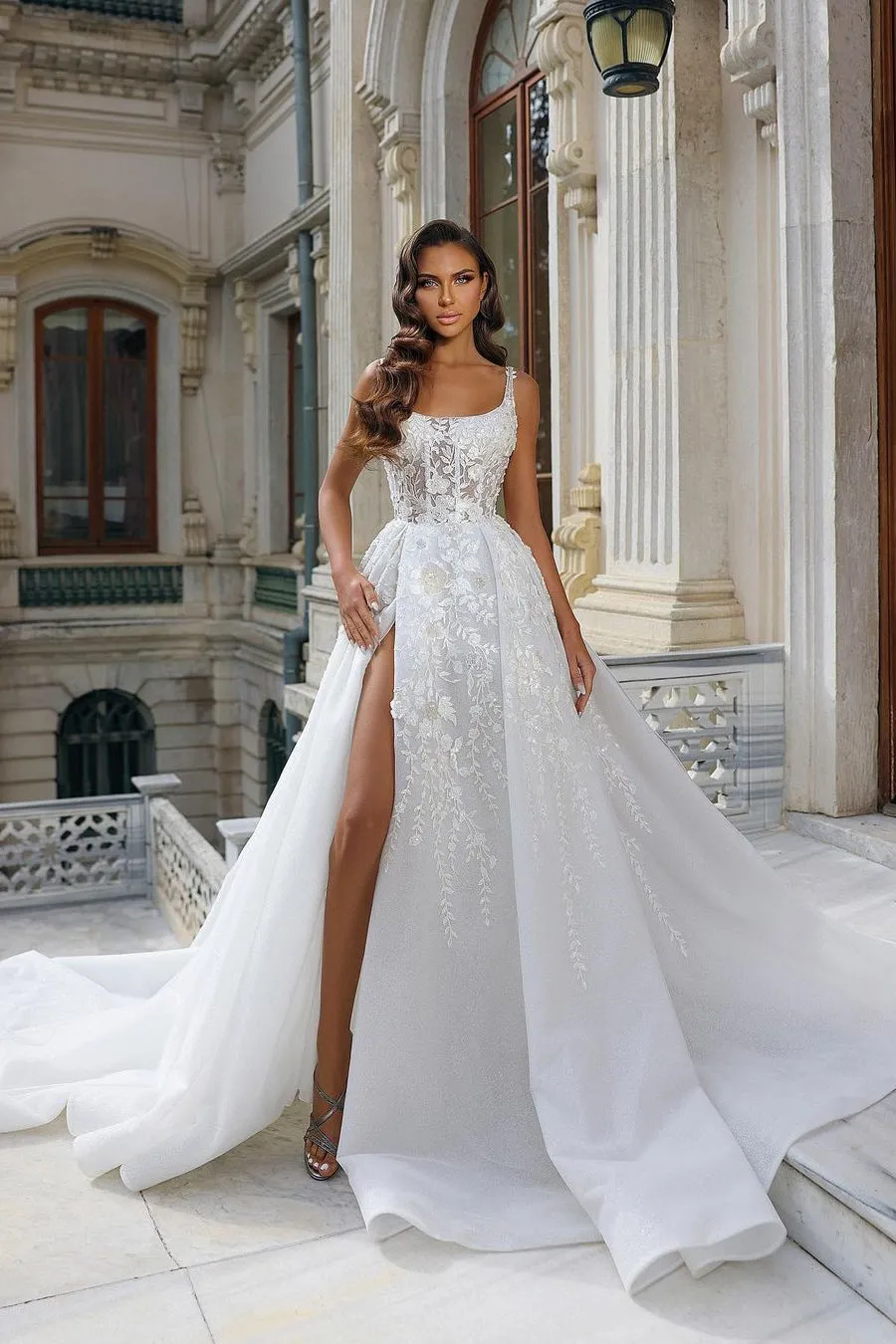 Beautiful Long White Straps A-line Sleeveless Lace Wedding Dress With Slit