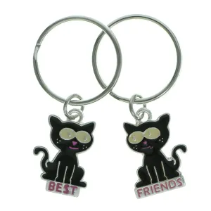Best Friends Cats Set Of Two Split-Ring-Keychain Silver-Tone & Black Colored #086