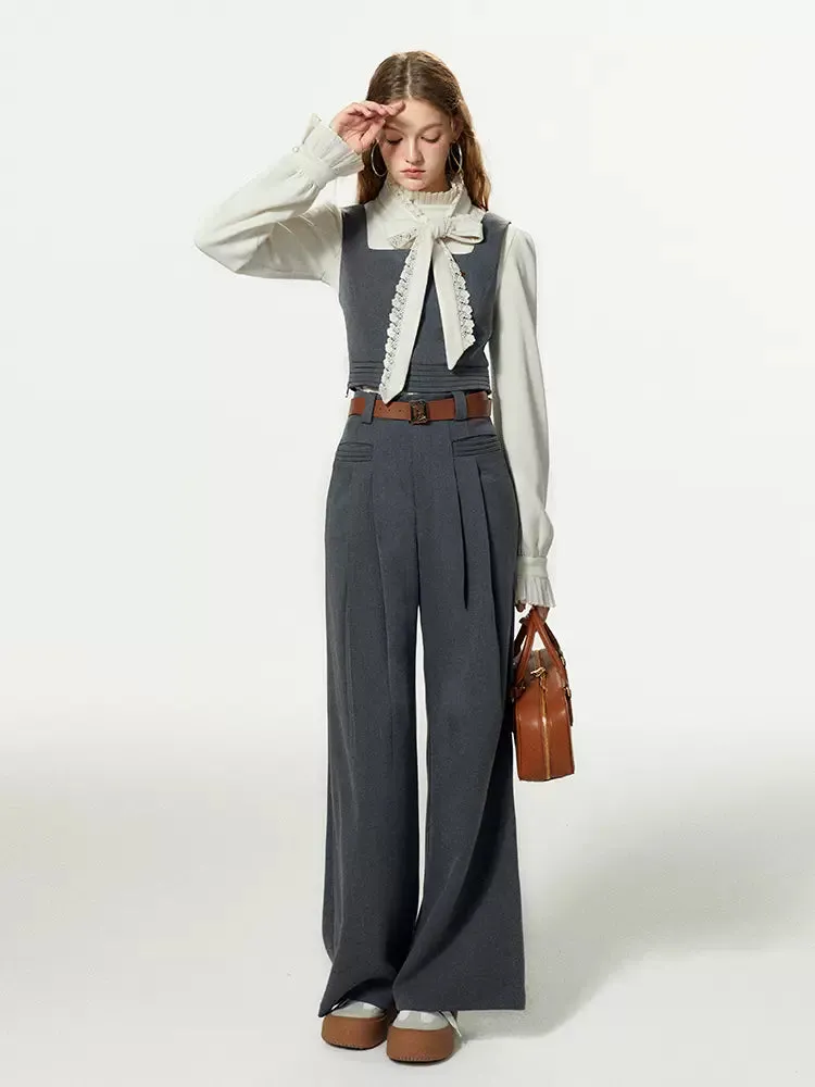 Bow-tie Gray Vest Pleated Knit Pants Slack Suit   Shirt