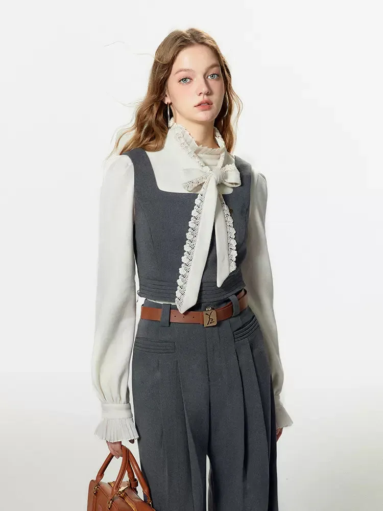 Bow-tie Gray Vest Pleated Knit Pants Slack Suit   Shirt