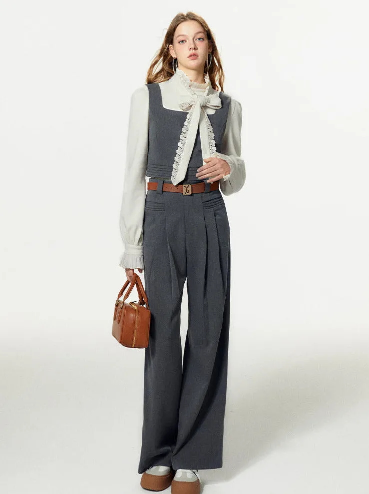 Bow-tie Gray Vest Pleated Knit Pants Slack Suit   Shirt