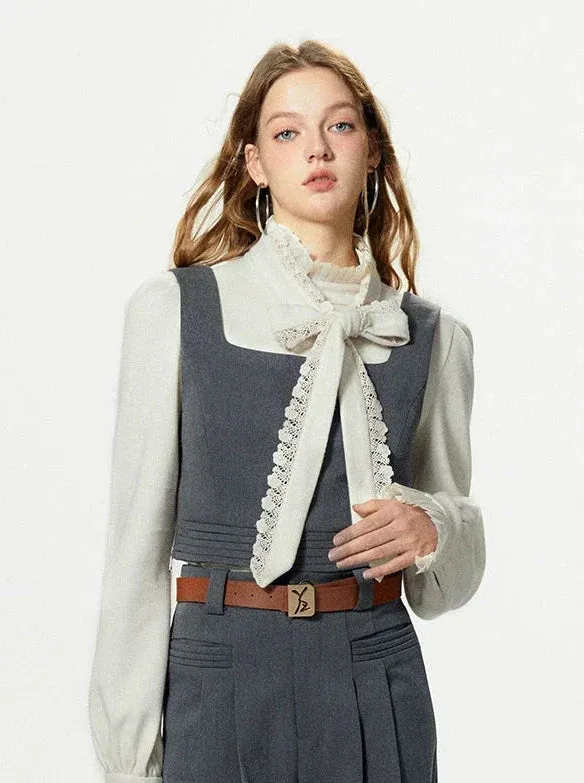 Bow-tie Gray Vest Pleated Knit Pants Slack Suit   Shirt