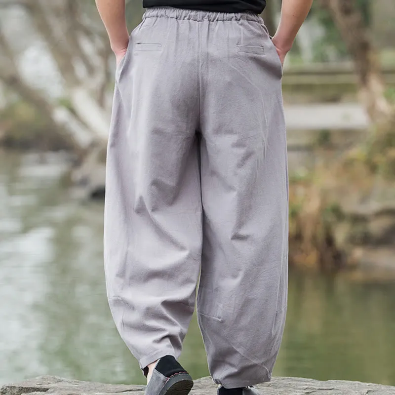 Buddha Stones Plain Casual Linen Bloomer Men's Pants With Pockets