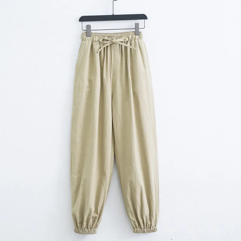Buddha Stones Solid Color Cotton Linen Casual Men's Harem Pants With Pockets