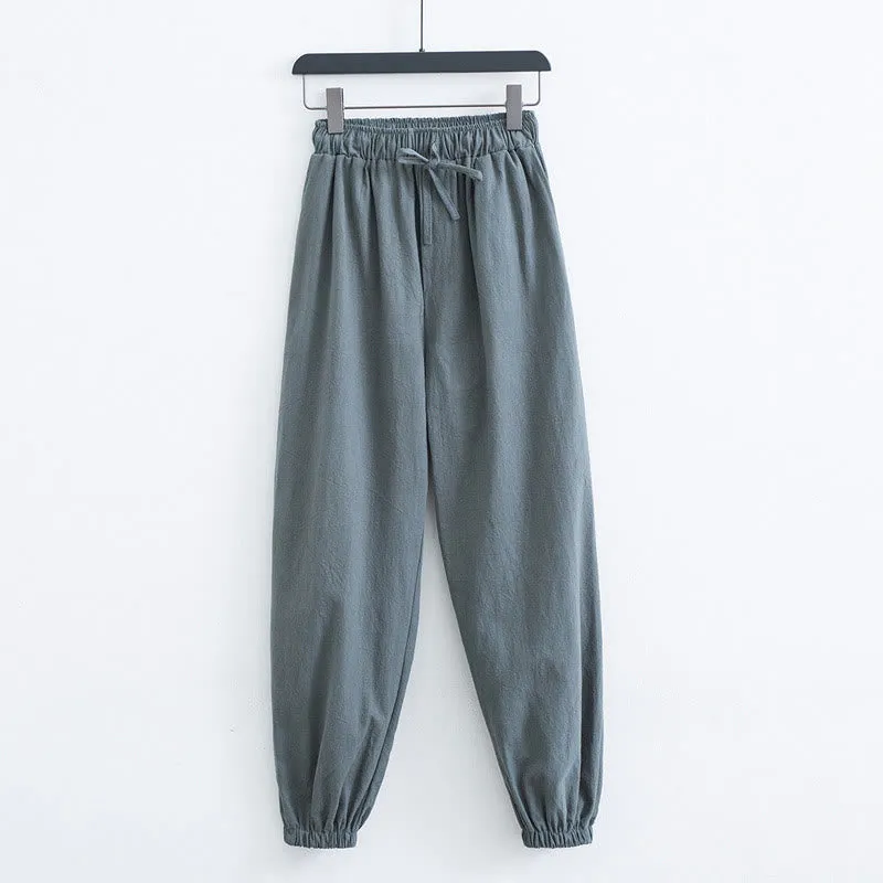 Buddha Stones Solid Color Cotton Linen Casual Men's Harem Pants With Pockets