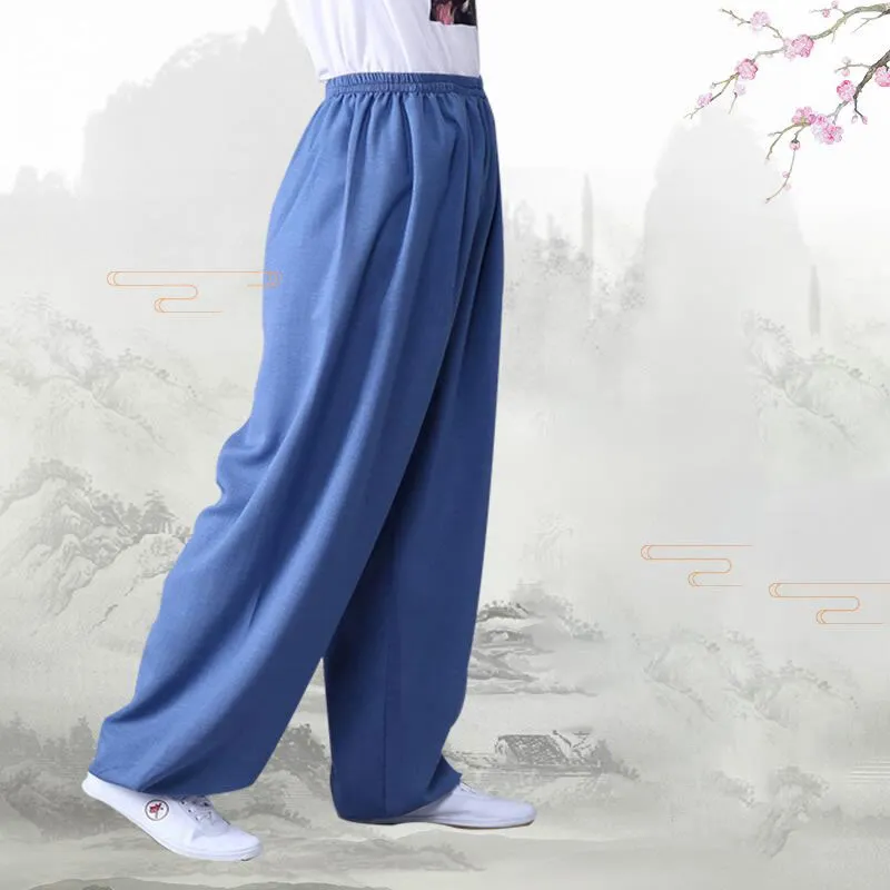 Buddha Stones Summer Elastic Waist Tai Chi Qigong Practice Cotton Linen Unisex Pants