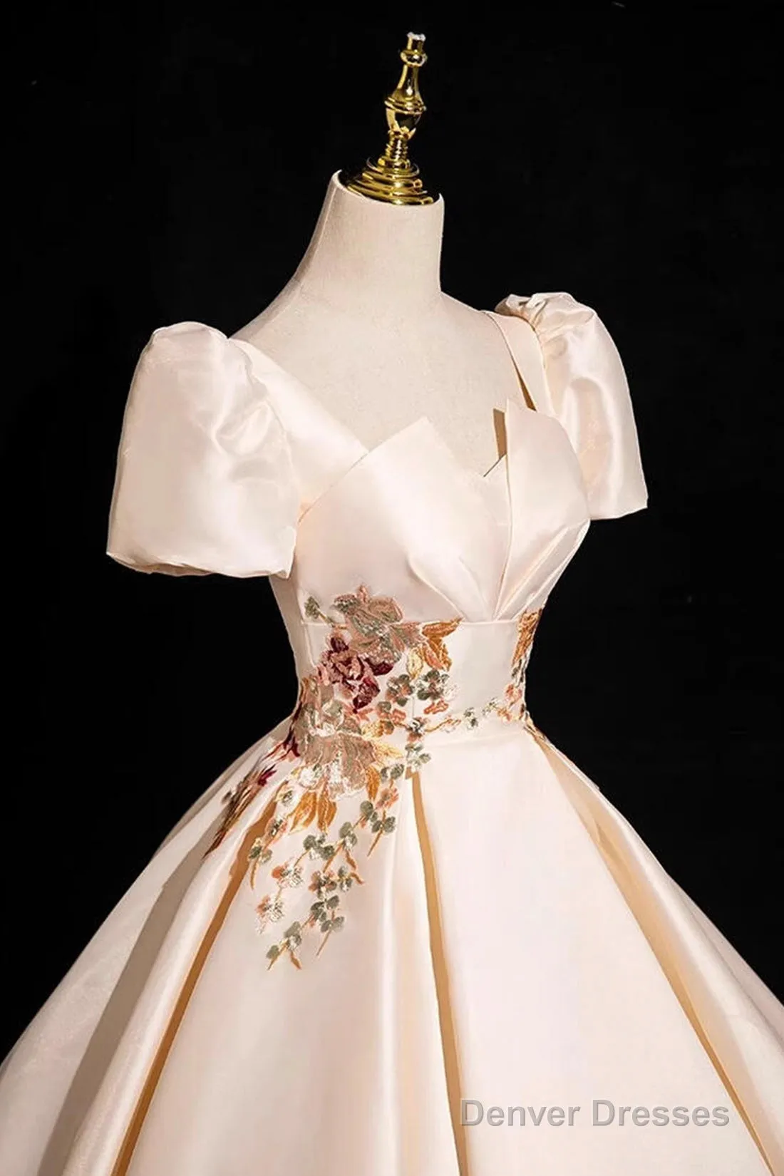 Champagne Satin Lace Long Prom Dress, Elegant A-Line Short Sleeve Party Dress