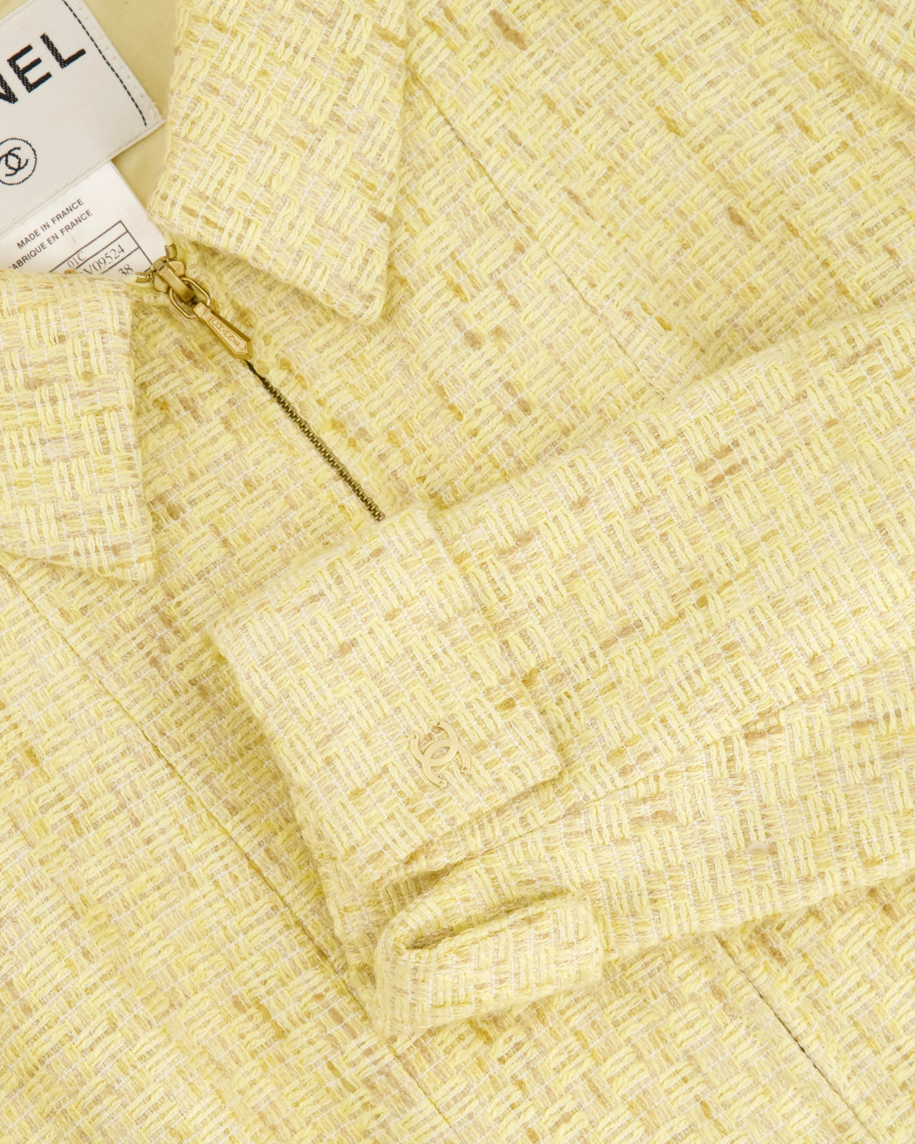 Chanel 01c Yellow Tweed Coat With Zip Detail Fr 38 (uk 10)