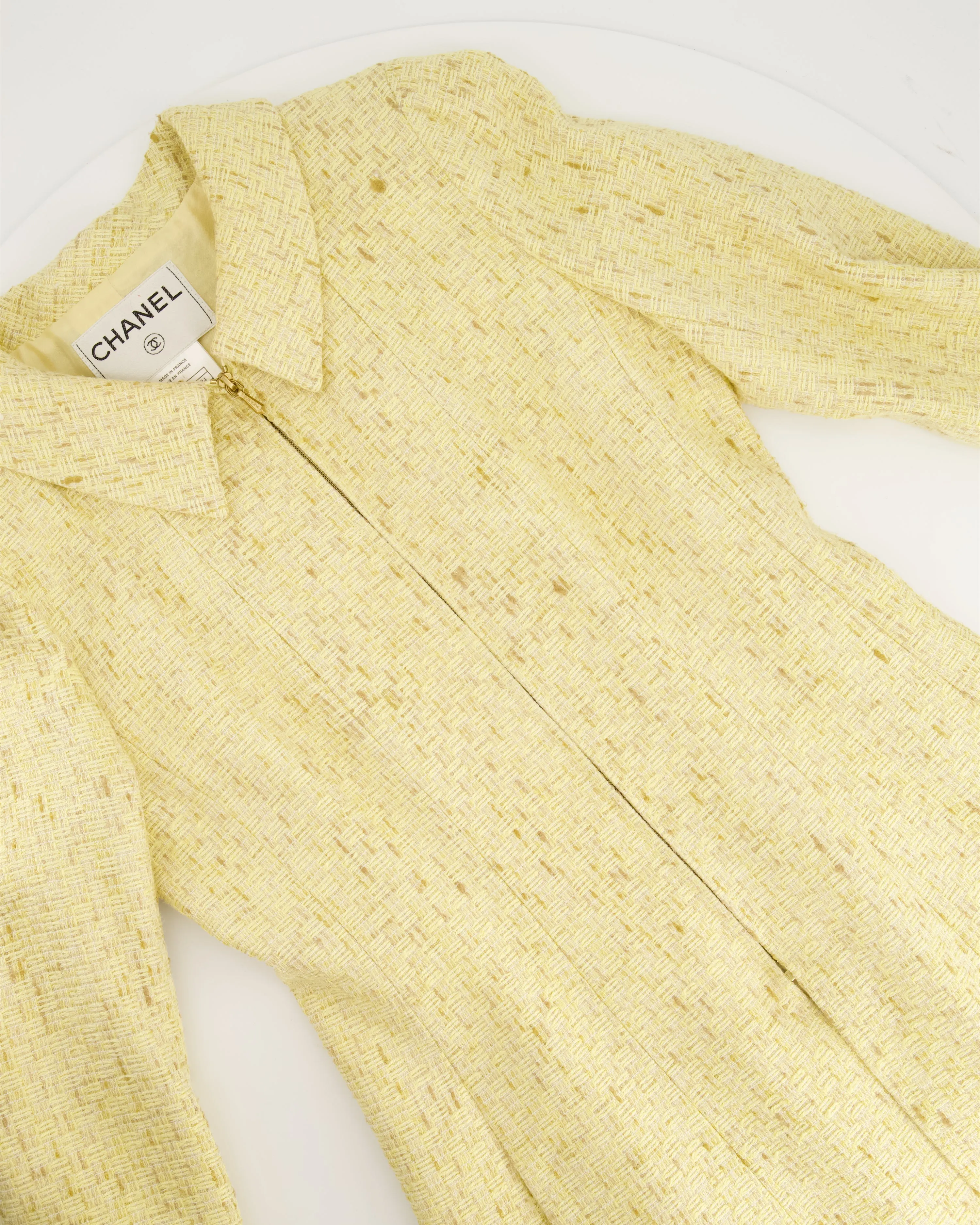 Chanel 01c Yellow Tweed Coat With Zip Detail Fr 38 (uk 10)