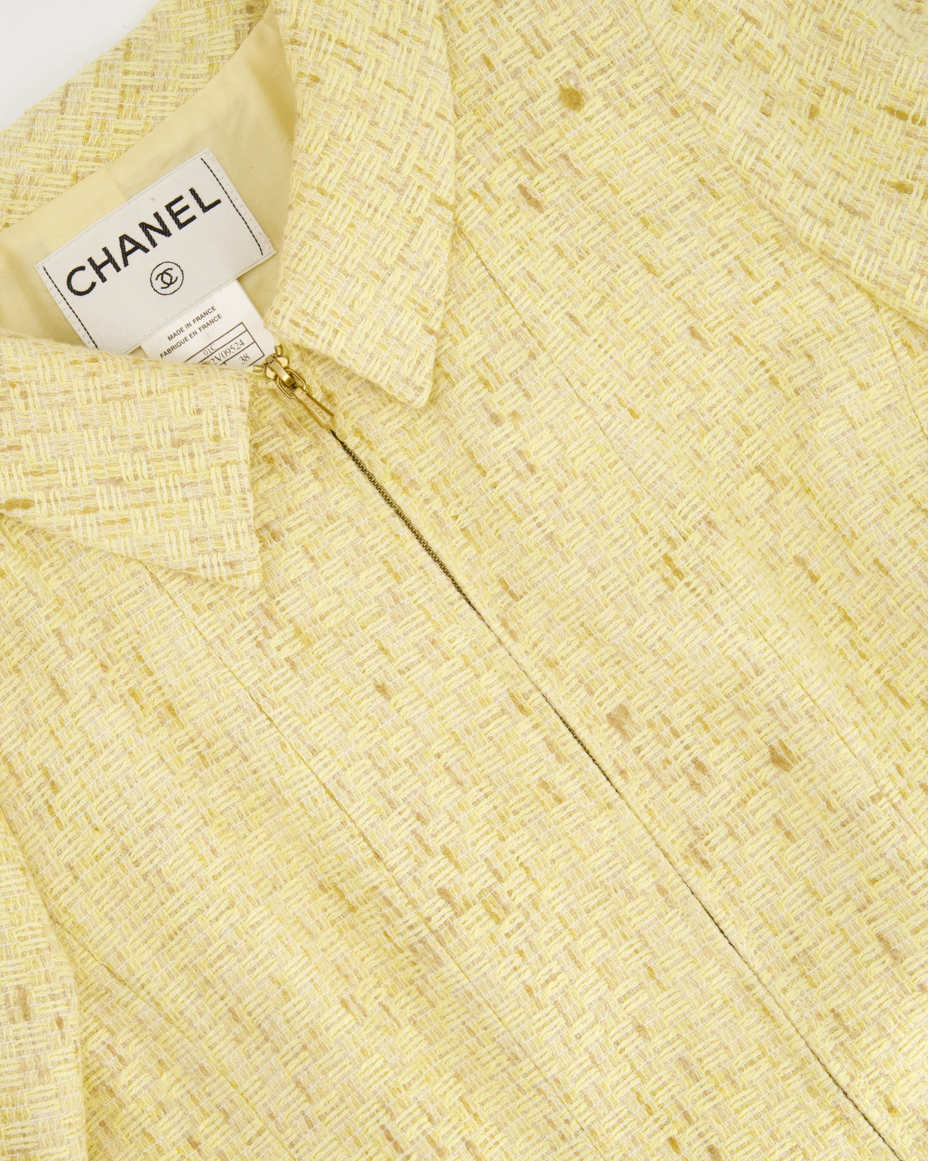 Chanel 01c Yellow Tweed Coat With Zip Detail Fr 38 (uk 10)