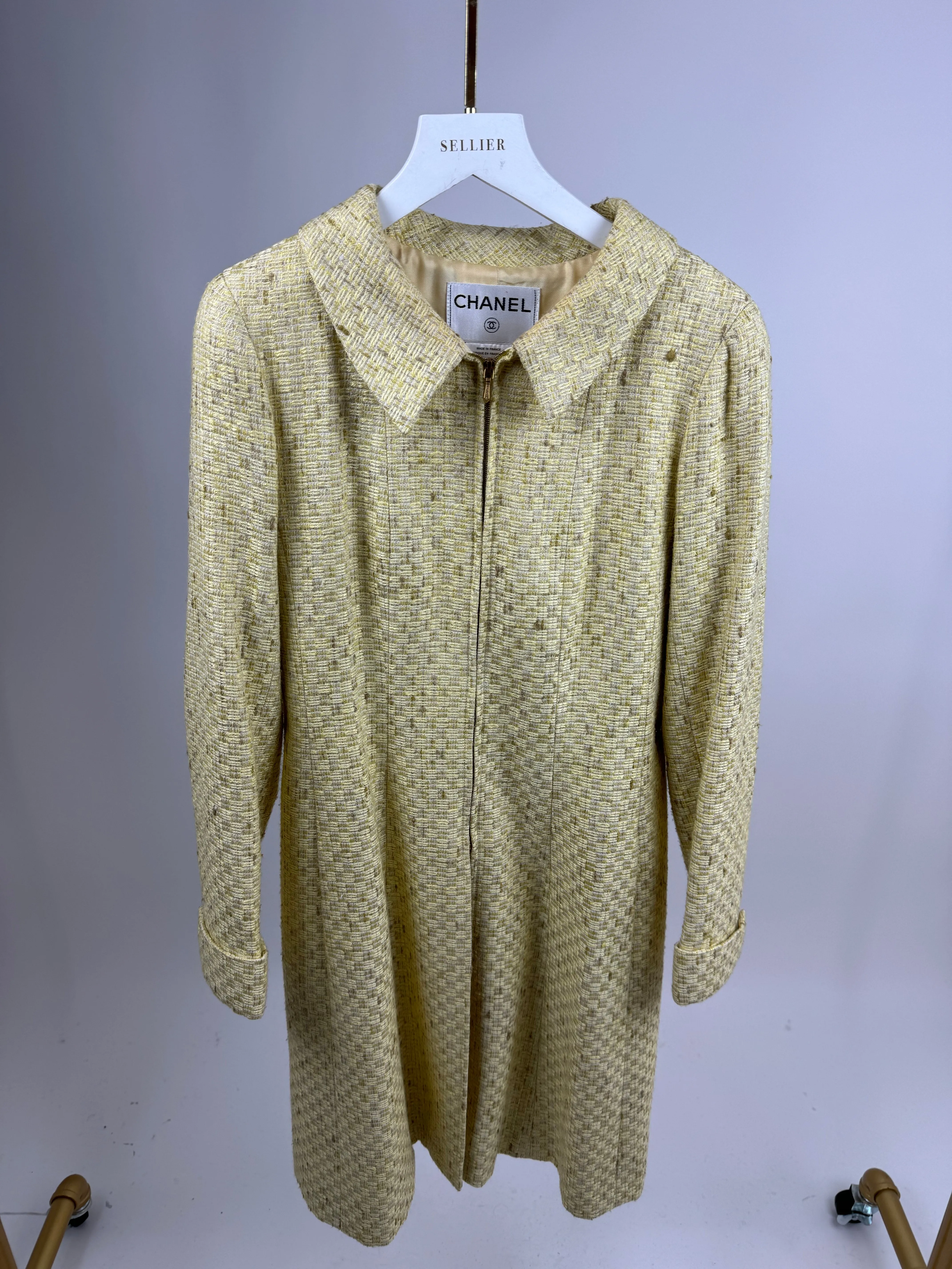 Chanel 01c Yellow Tweed Coat With Zip Detail Fr 38 (uk 10)