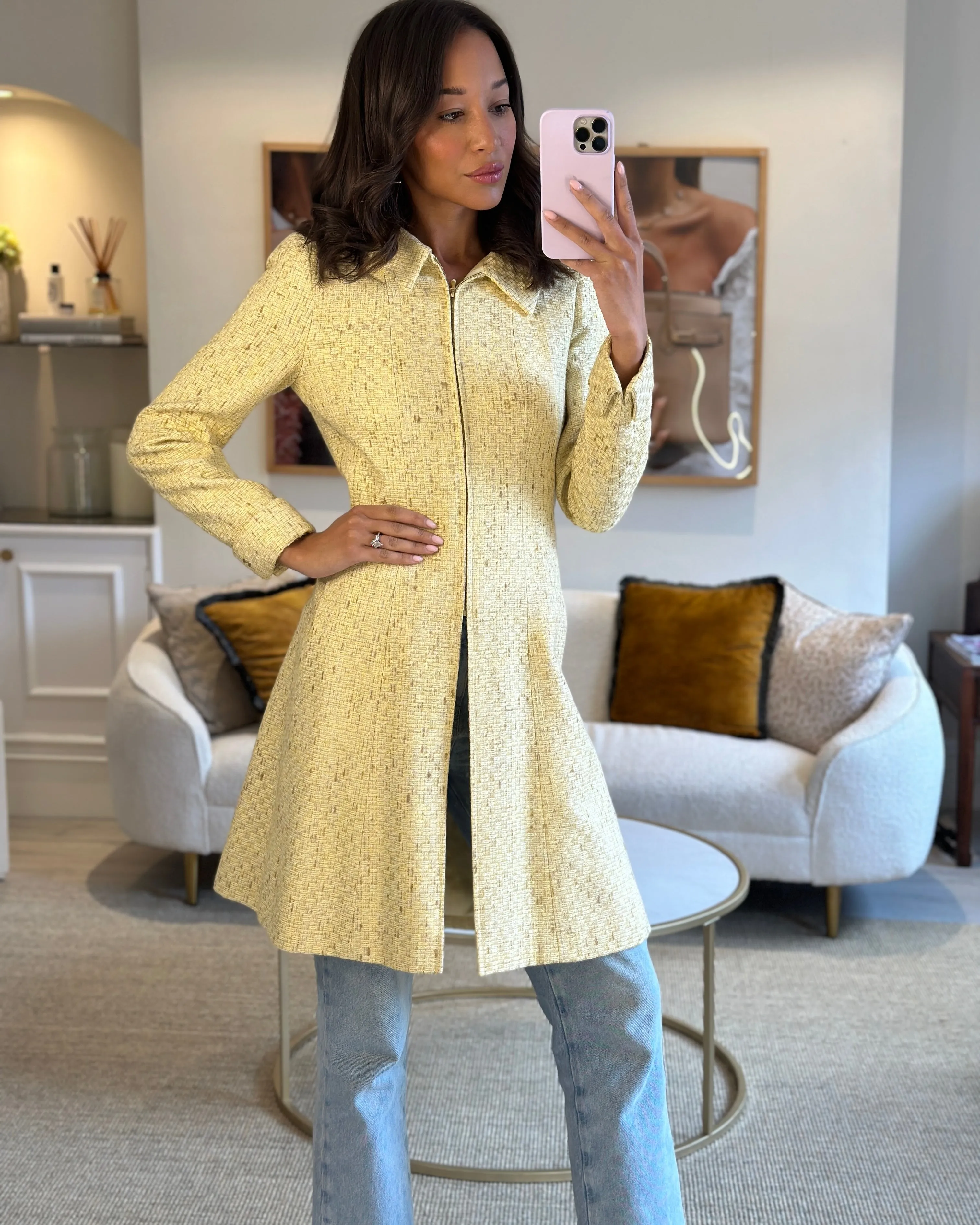 Chanel 01c Yellow Tweed Coat With Zip Detail Fr 38 (uk 10)