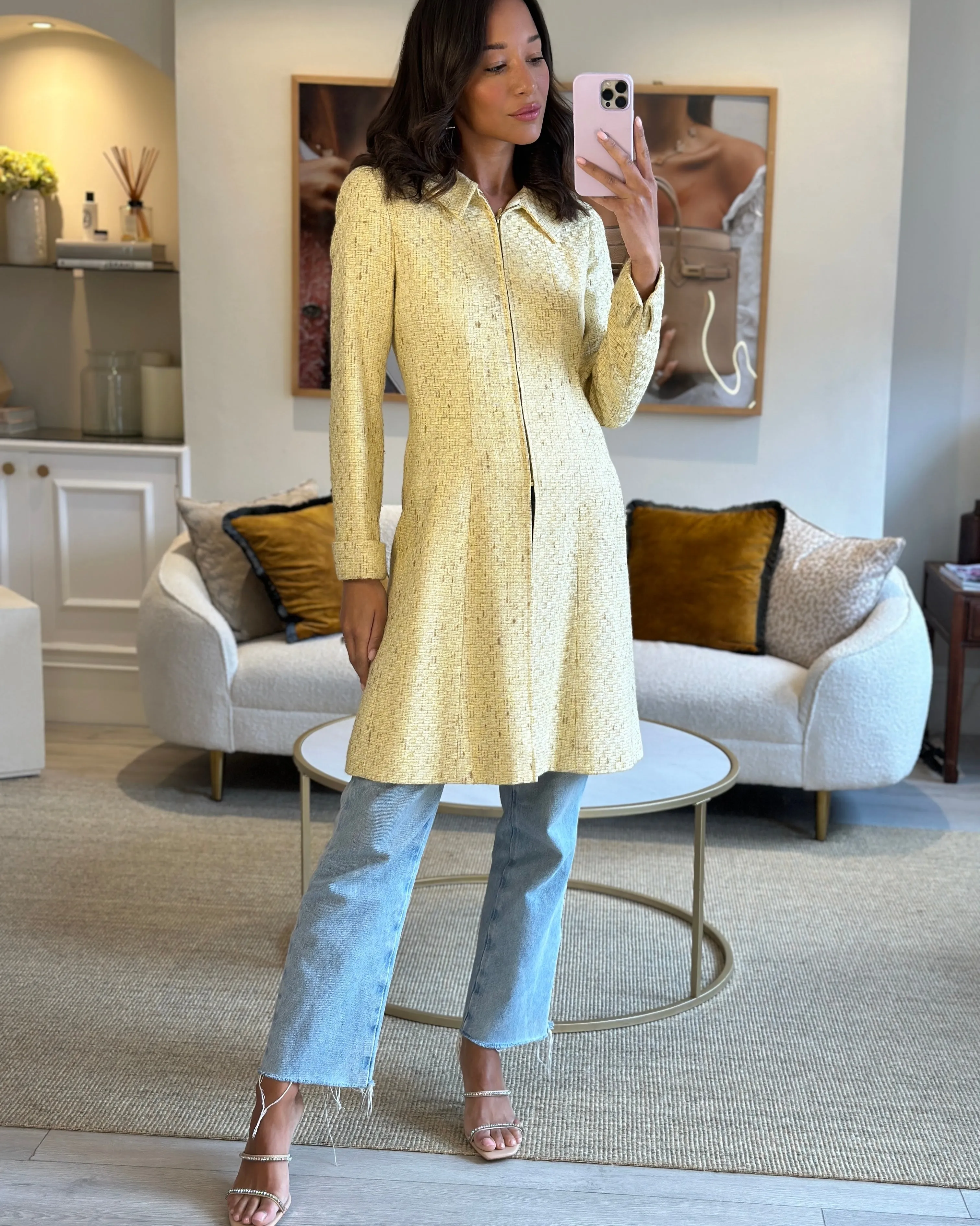 Chanel 01c Yellow Tweed Coat With Zip Detail Fr 38 (uk 10)