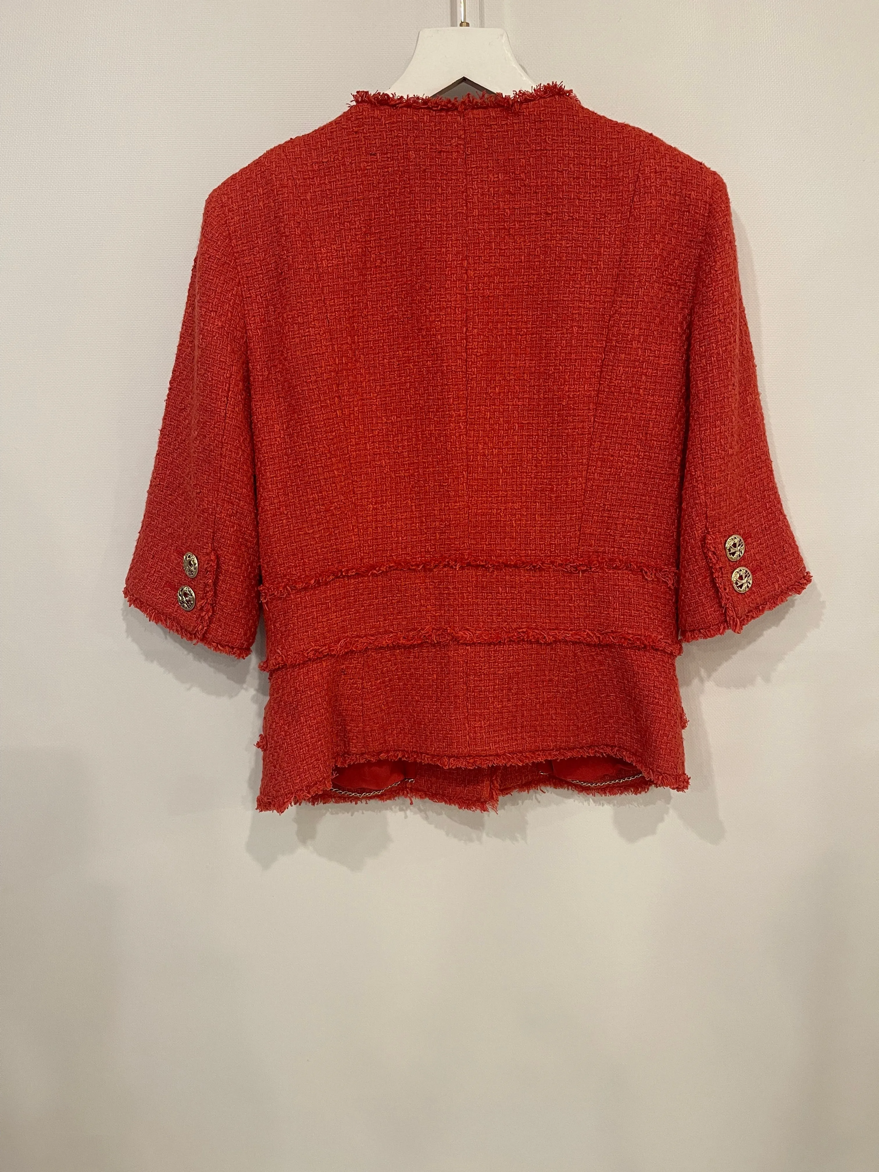 Chanel Coral Red Tweed Mid-sleeve Jacket With Bird-detailed Gold Cc Logo Buttons Size Fr 40 (uk 12)