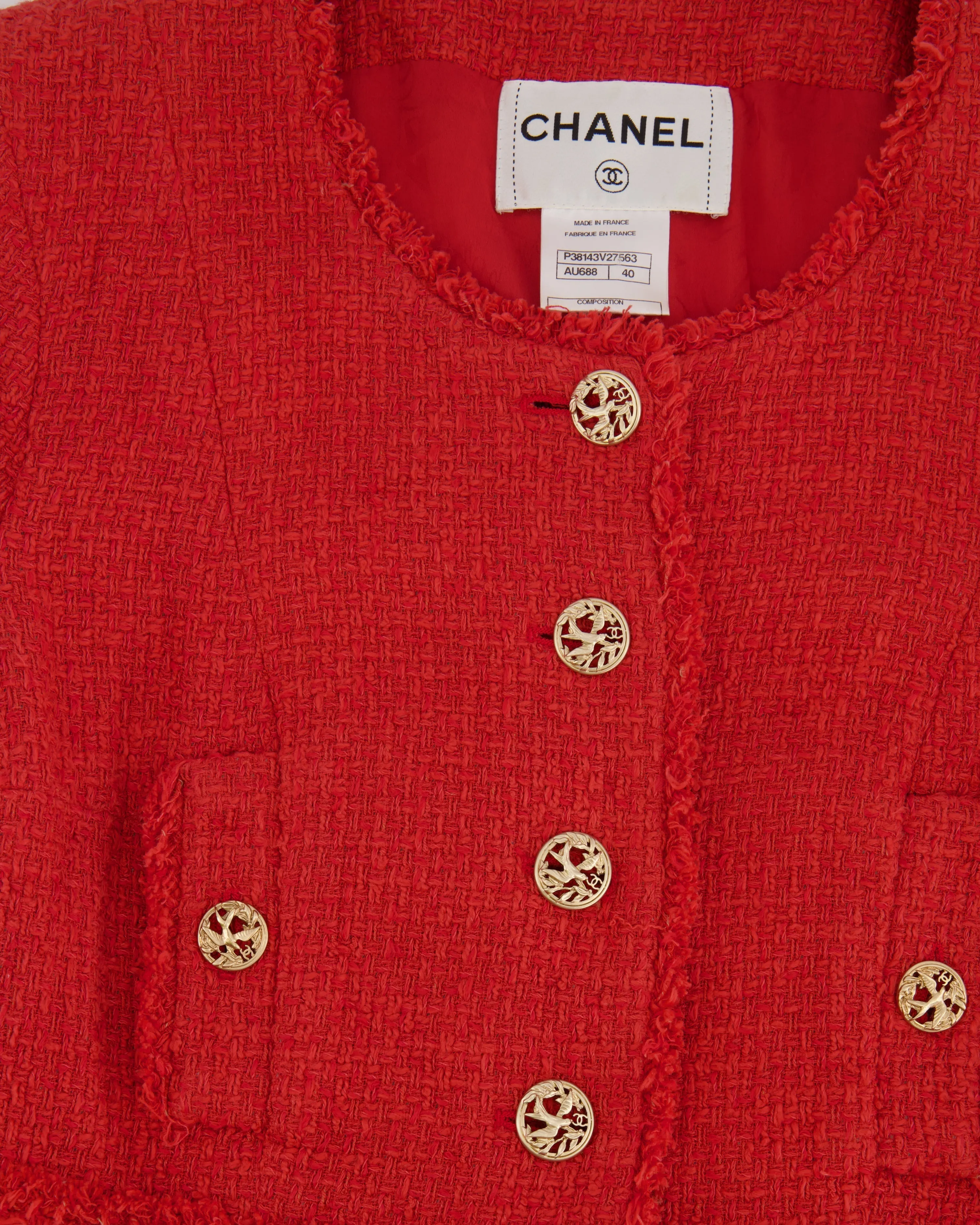 Chanel Coral Red Tweed Mid-sleeve Jacket With Bird-detailed Gold Cc Logo Buttons Size Fr 40 (uk 12)