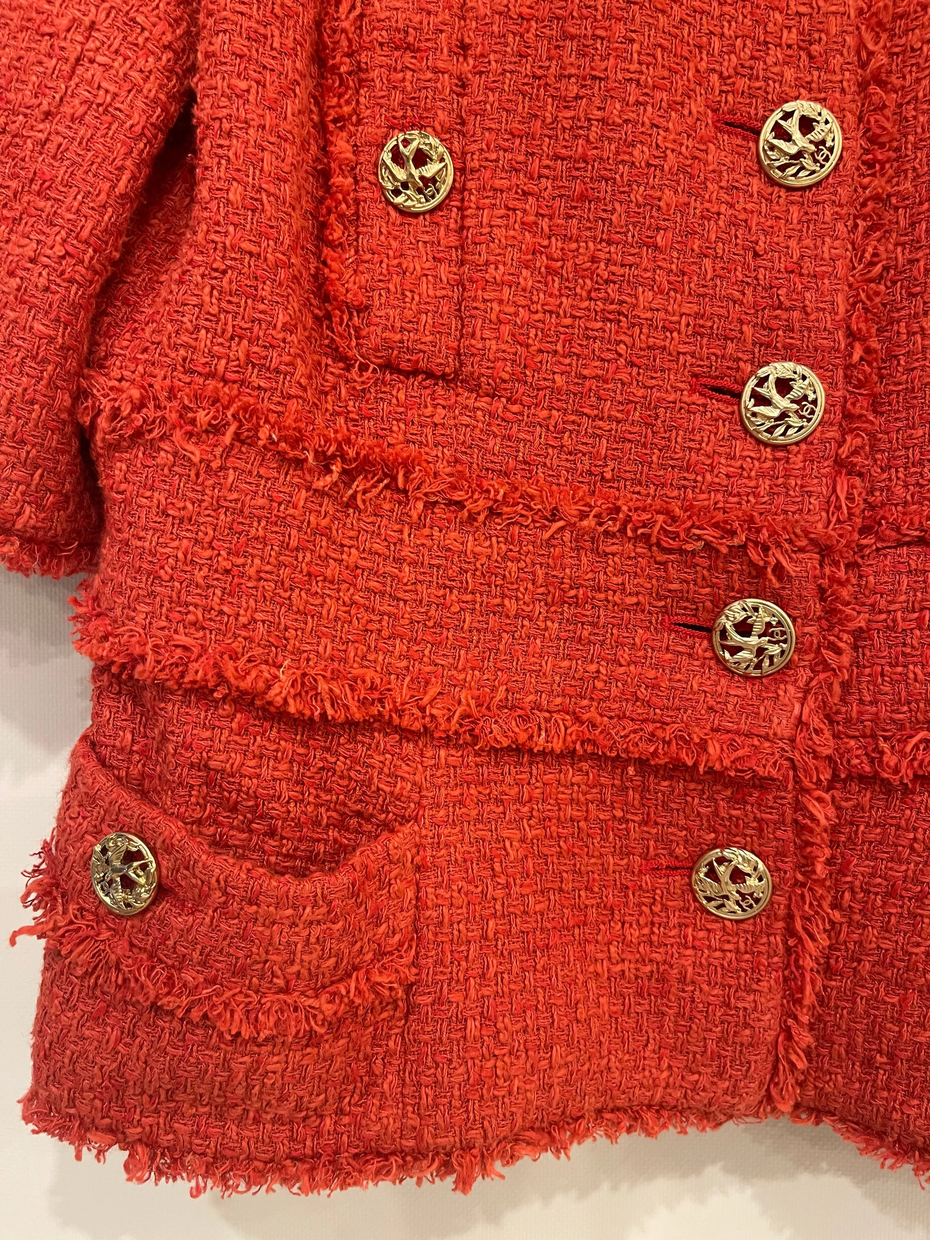 Chanel Coral Red Tweed Mid-sleeve Jacket With Bird-detailed Gold Cc Logo Buttons Size Fr 40 (uk 12)