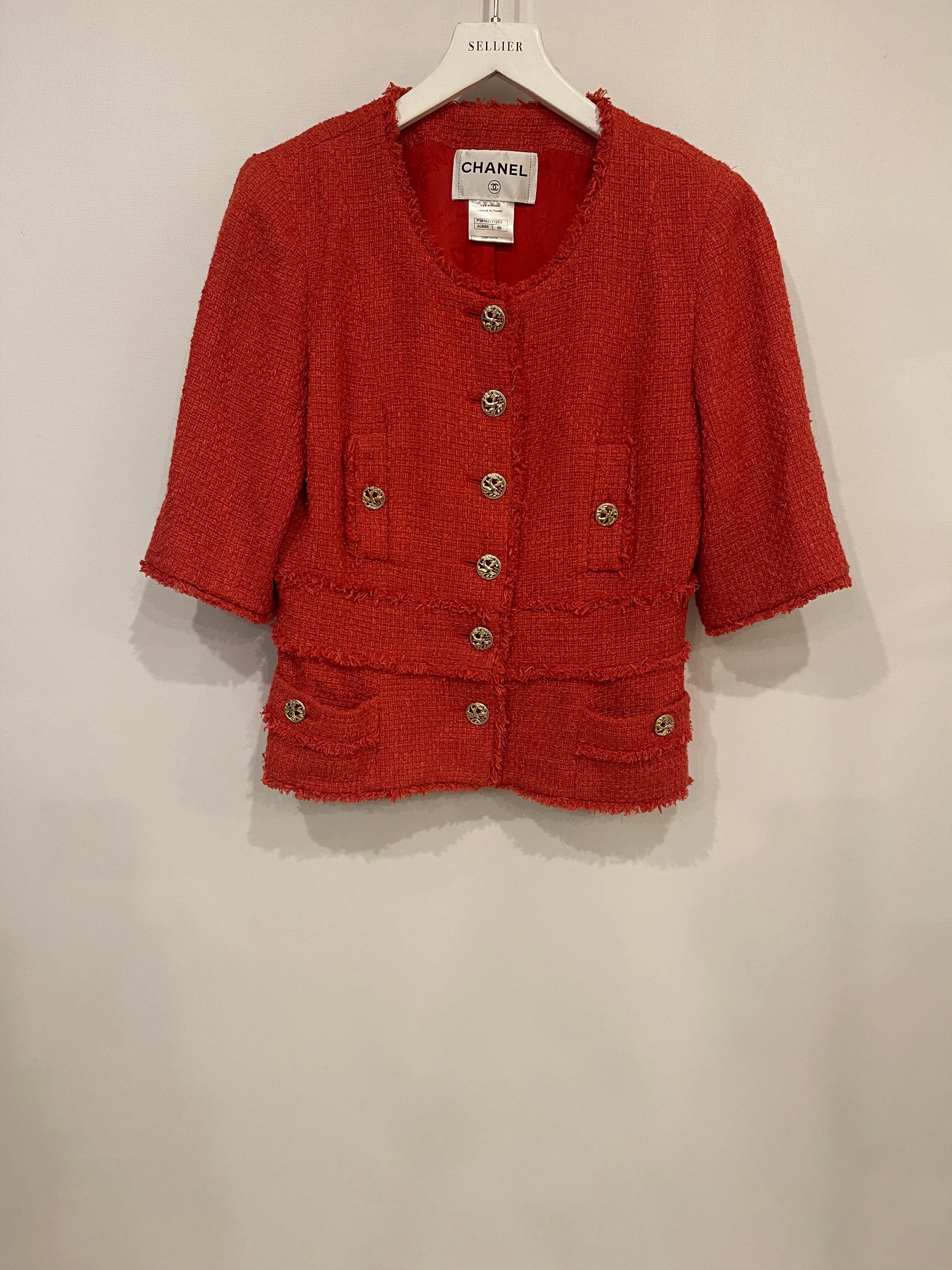 Chanel Coral Red Tweed Mid-sleeve Jacket With Bird-detailed Gold Cc Logo Buttons Size Fr 40 (uk 12)