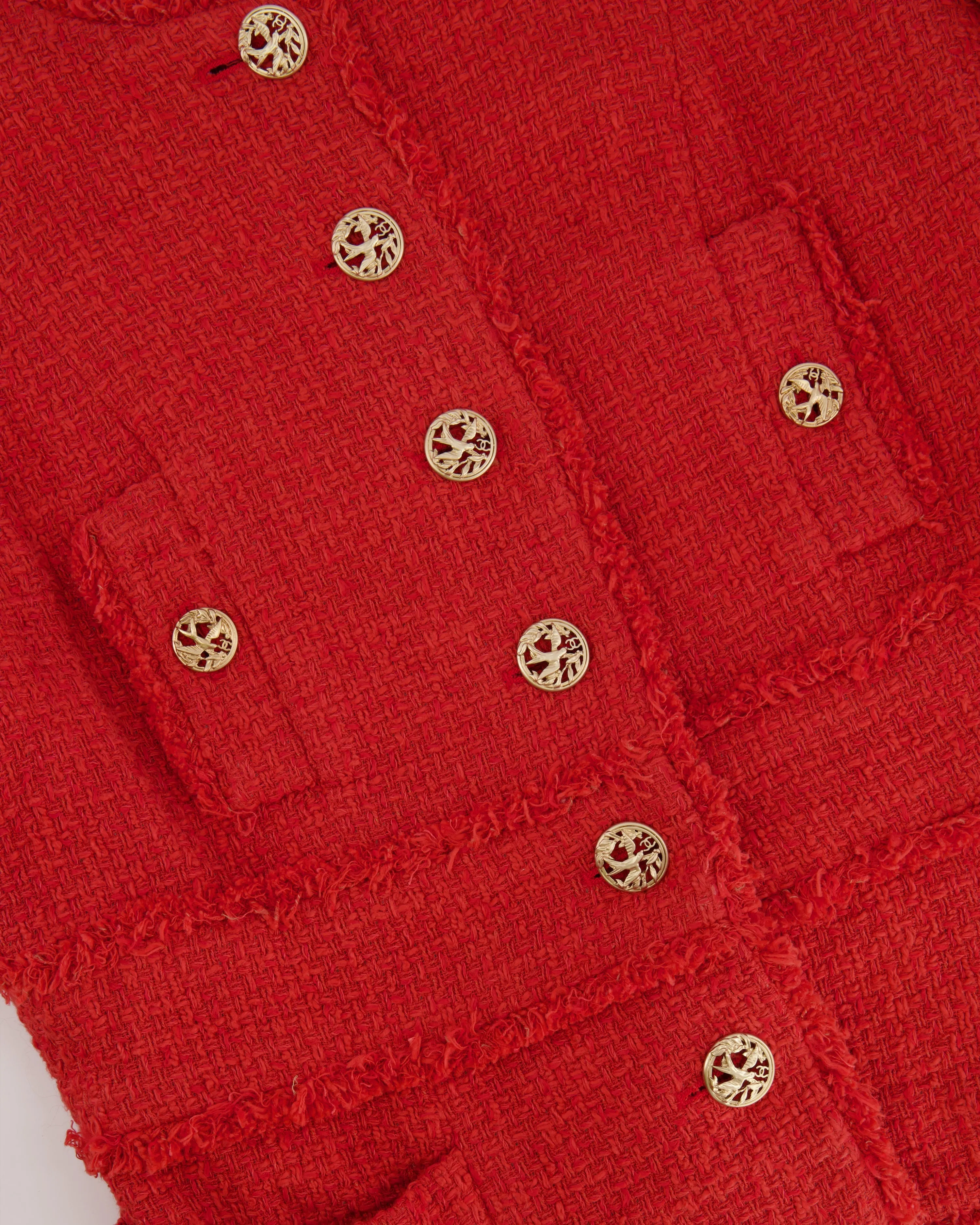 Chanel Coral Red Tweed Mid-sleeve Jacket With Bird-detailed Gold Cc Logo Buttons Size Fr 40 (uk 12)
