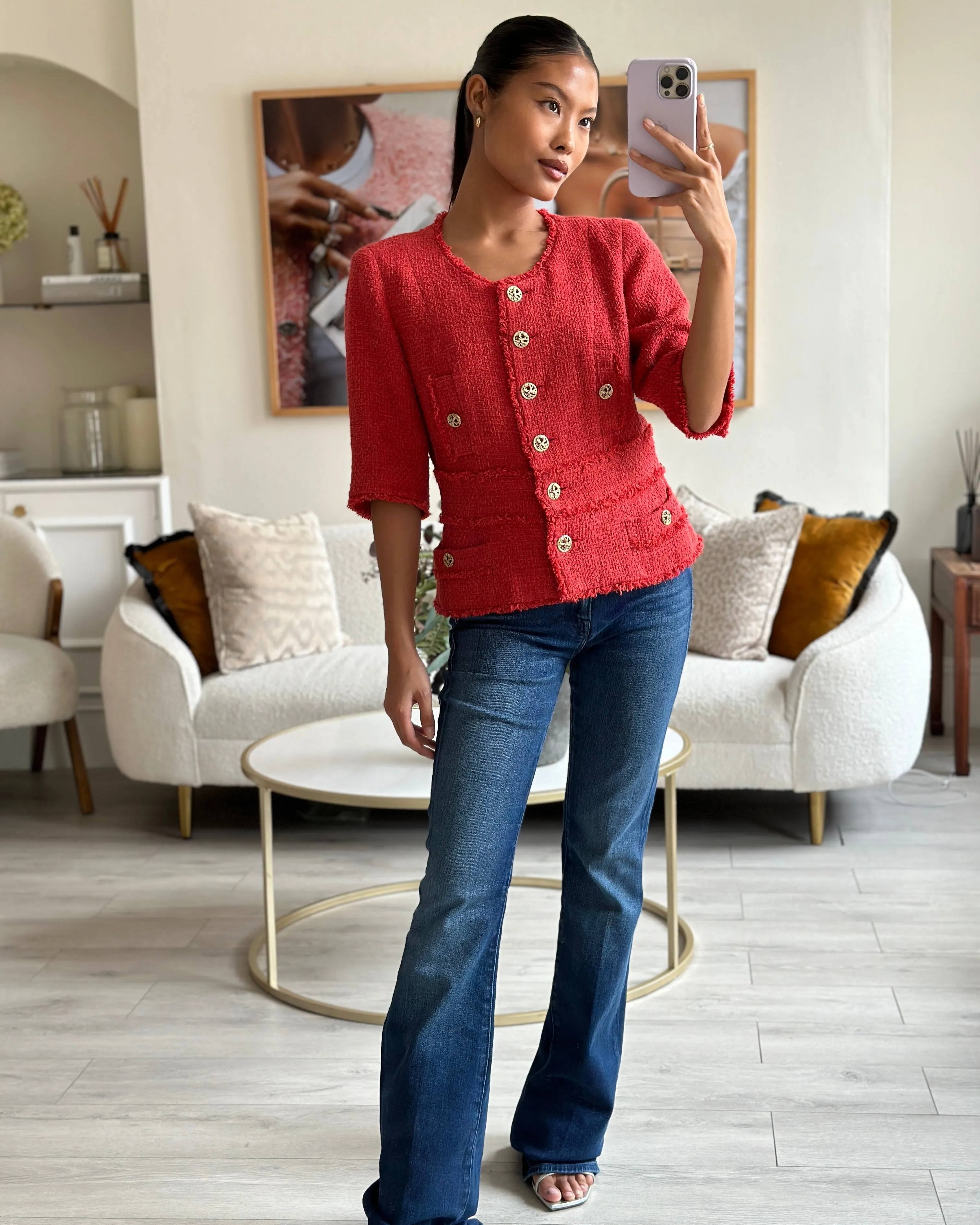 Chanel Coral Red Tweed Mid-sleeve Jacket With Bird-detailed Gold Cc Logo Buttons Size Fr 40 (uk 12)