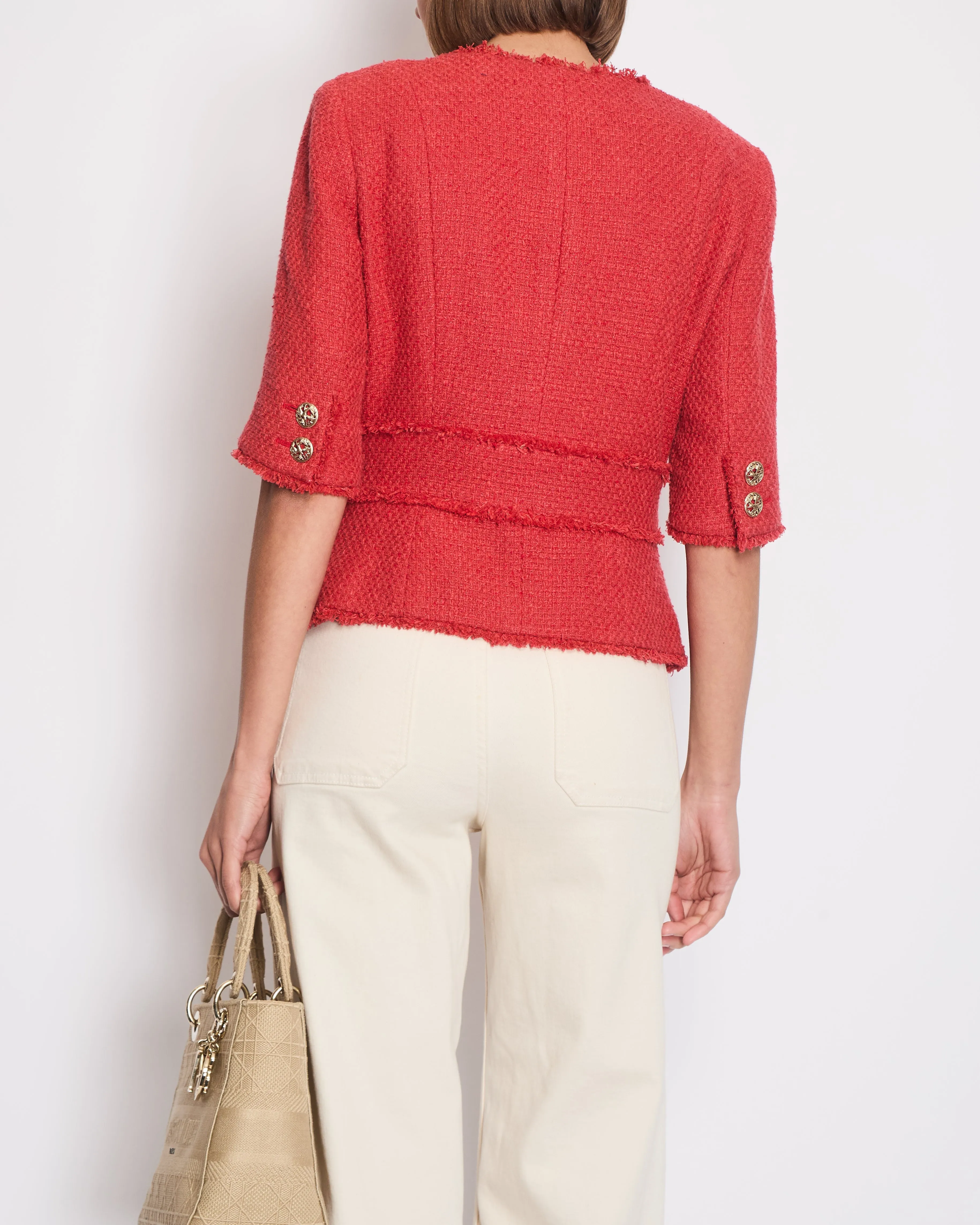 Chanel Coral Red Tweed Mid-sleeve Jacket With Bird-detailed Gold Cc Logo Buttons Size Fr 40 (uk 12)