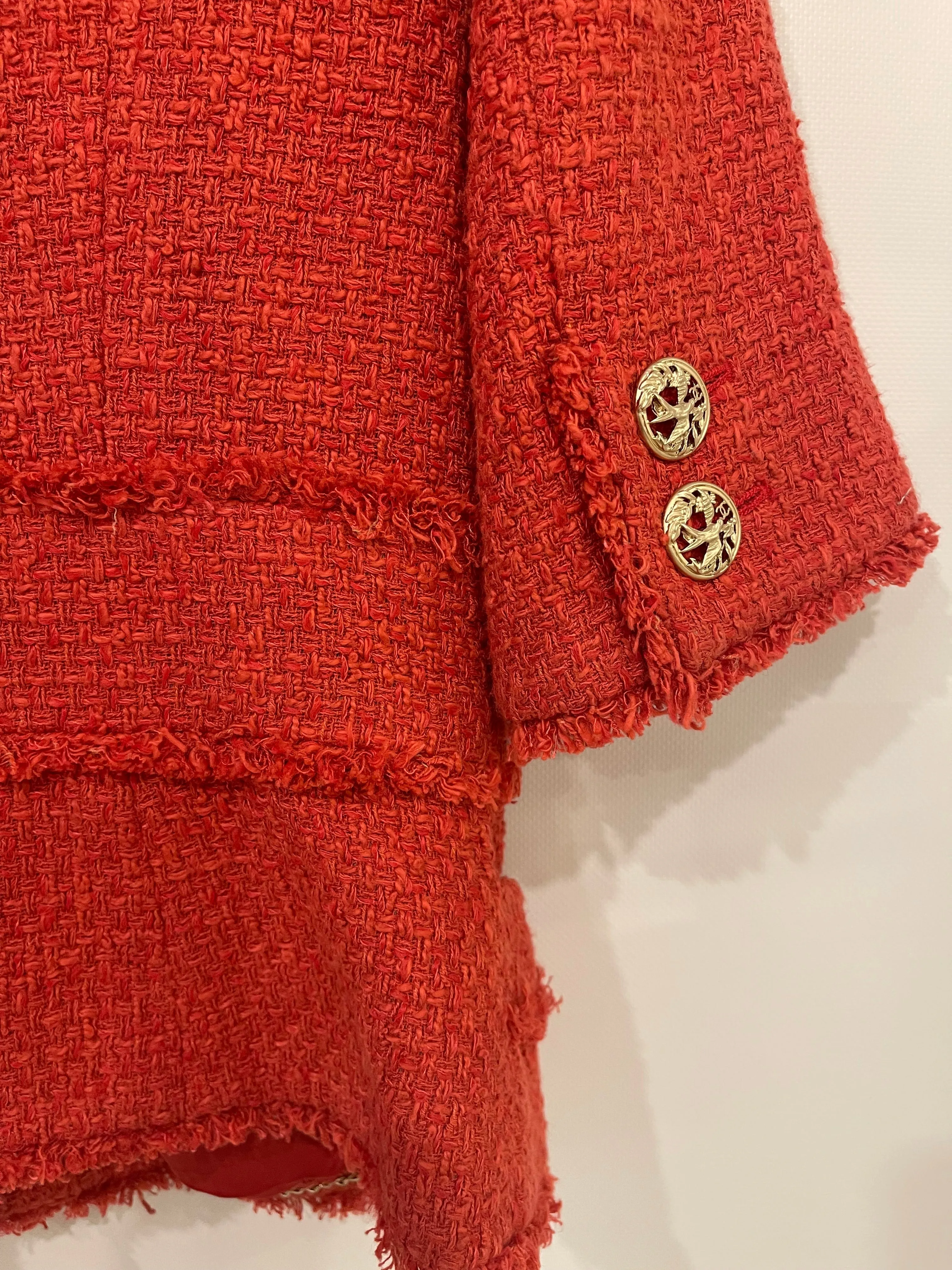 Chanel Coral Red Tweed Mid-sleeve Jacket With Bird-detailed Gold Cc Logo Buttons Size Fr 40 (uk 12)