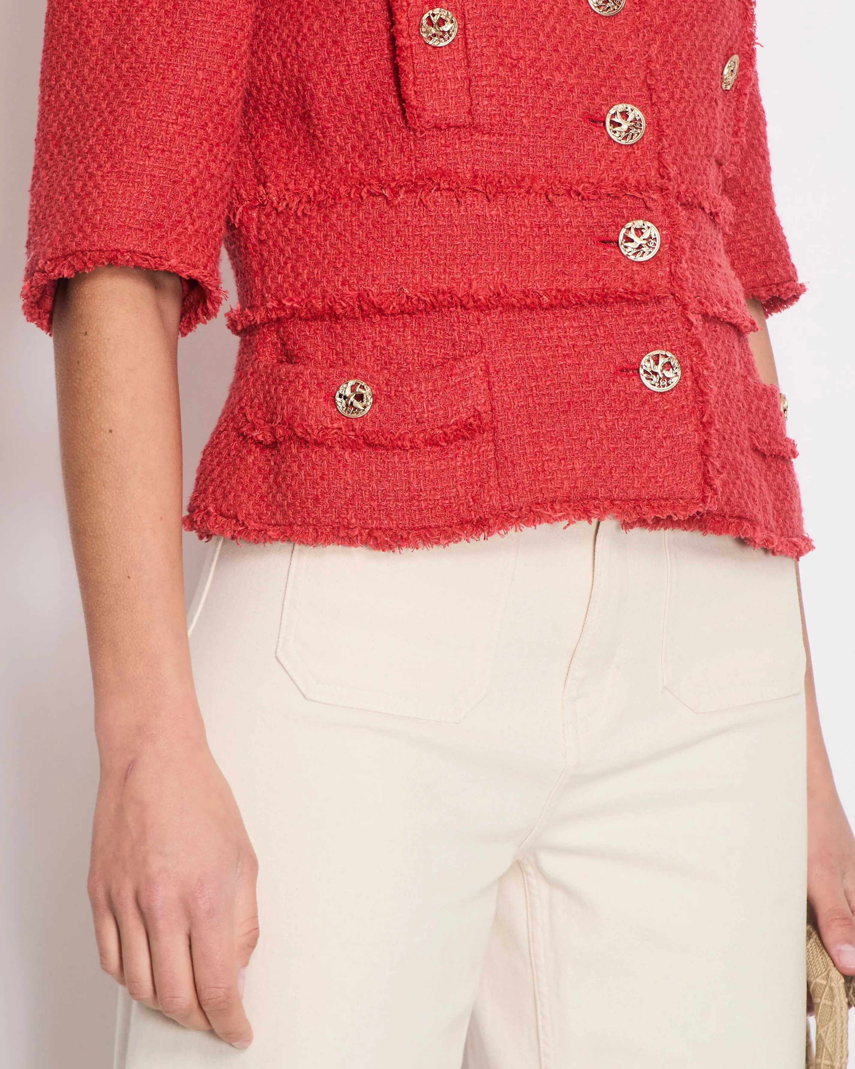 Chanel Coral Red Tweed Mid-sleeve Jacket With Bird-detailed Gold Cc Logo Buttons Size Fr 40 (uk 12)