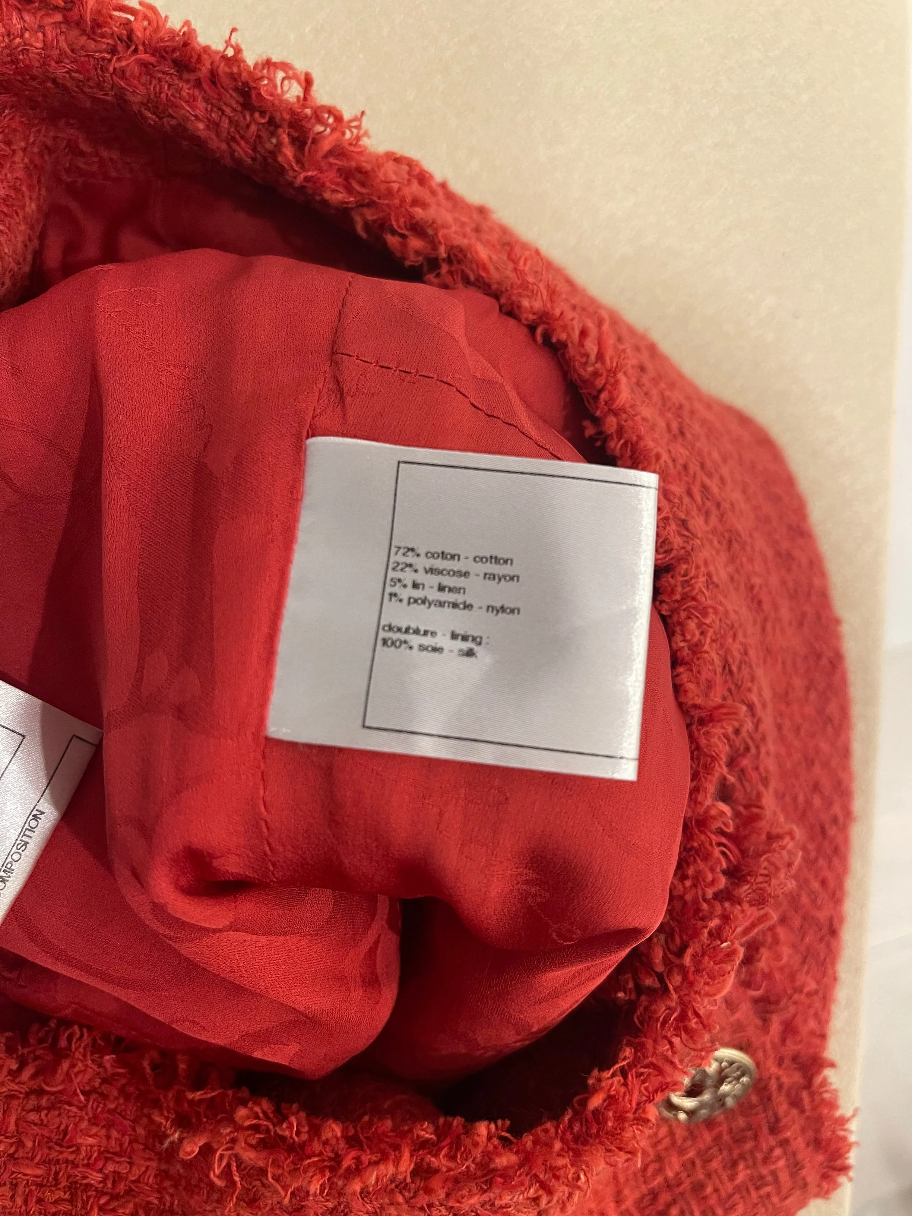 Chanel Coral Red Tweed Mid-sleeve Jacket With Bird-detailed Gold Cc Logo Buttons Size Fr 40 (uk 12)