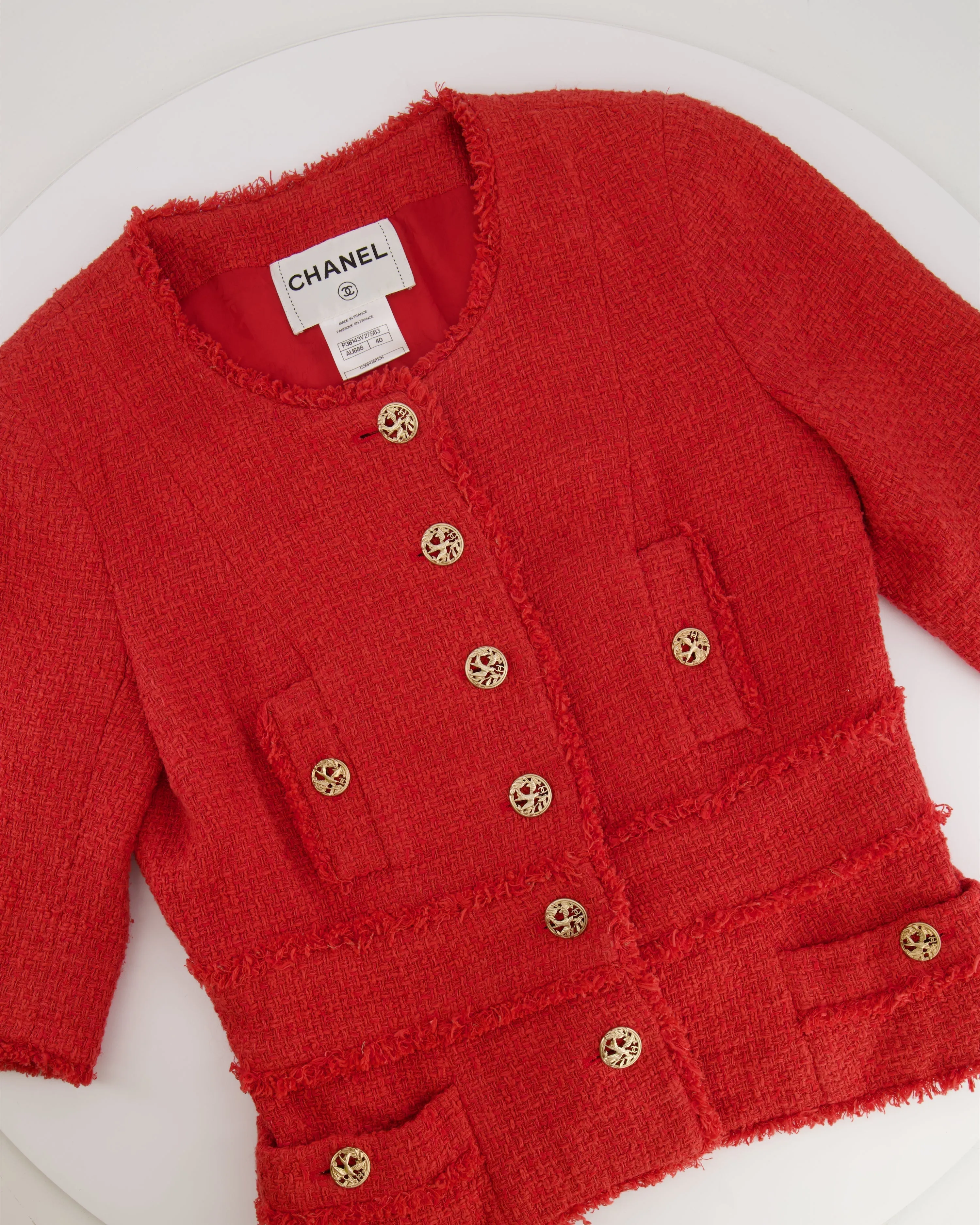 Chanel Coral Red Tweed Mid-sleeve Jacket With Bird-detailed Gold Cc Logo Buttons Size Fr 40 (uk 12)