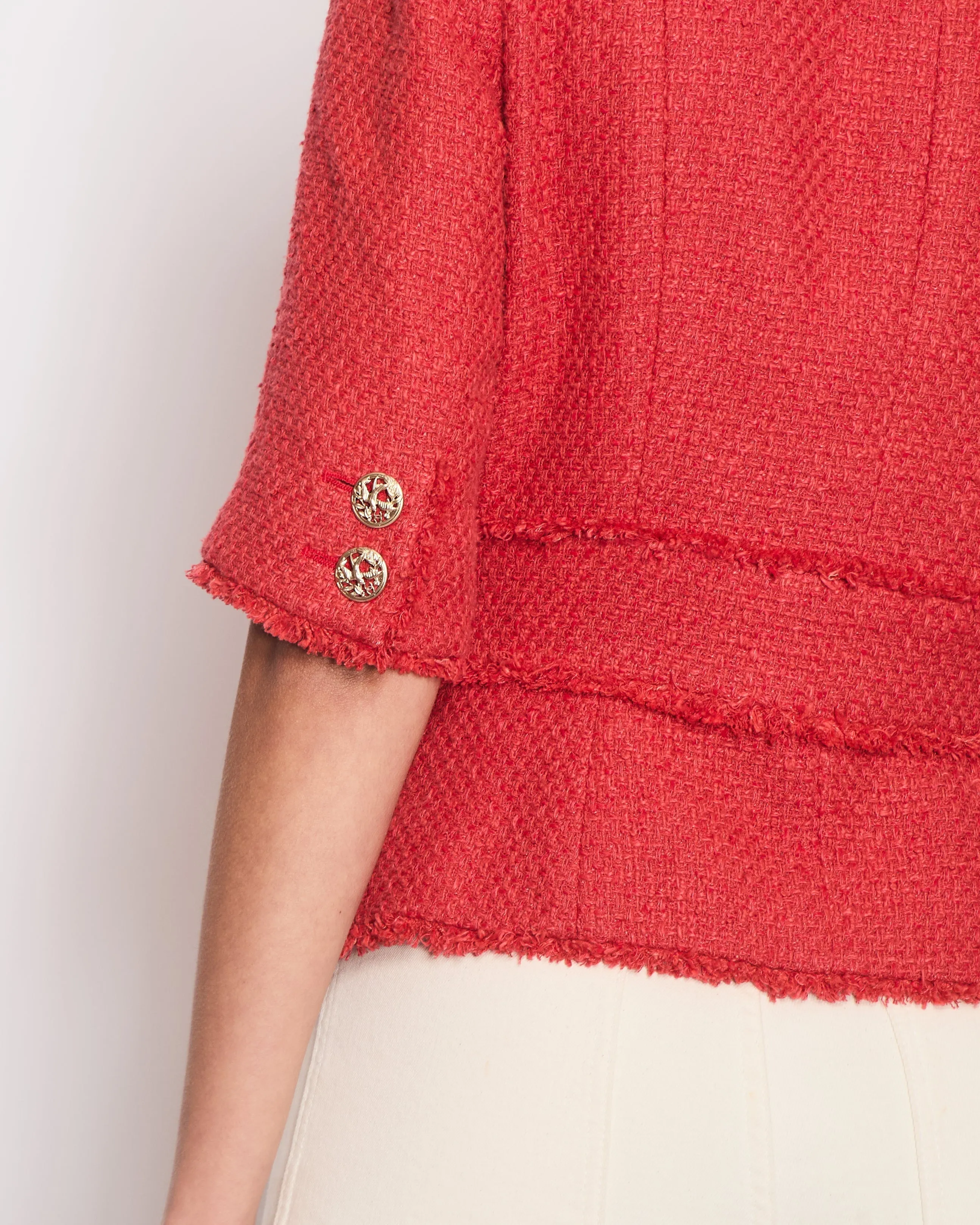 Chanel Coral Red Tweed Mid-sleeve Jacket With Bird-detailed Gold Cc Logo Buttons Size Fr 40 (uk 12)