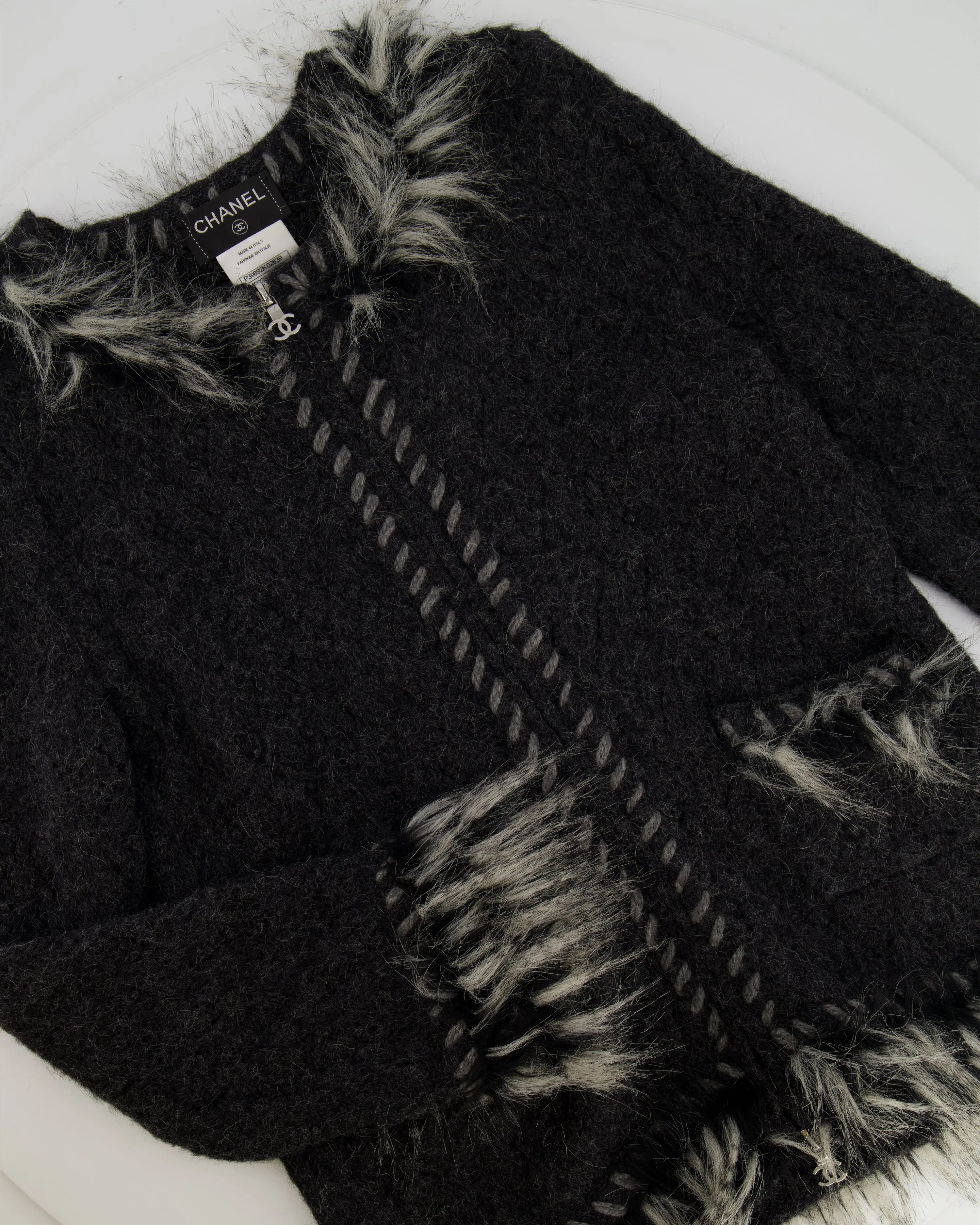 Chanel Dark Grey Cashmere And Alpaca Jacket With Pockets And Cc Logo Zip Detail Size Fr 40 (uk 12)