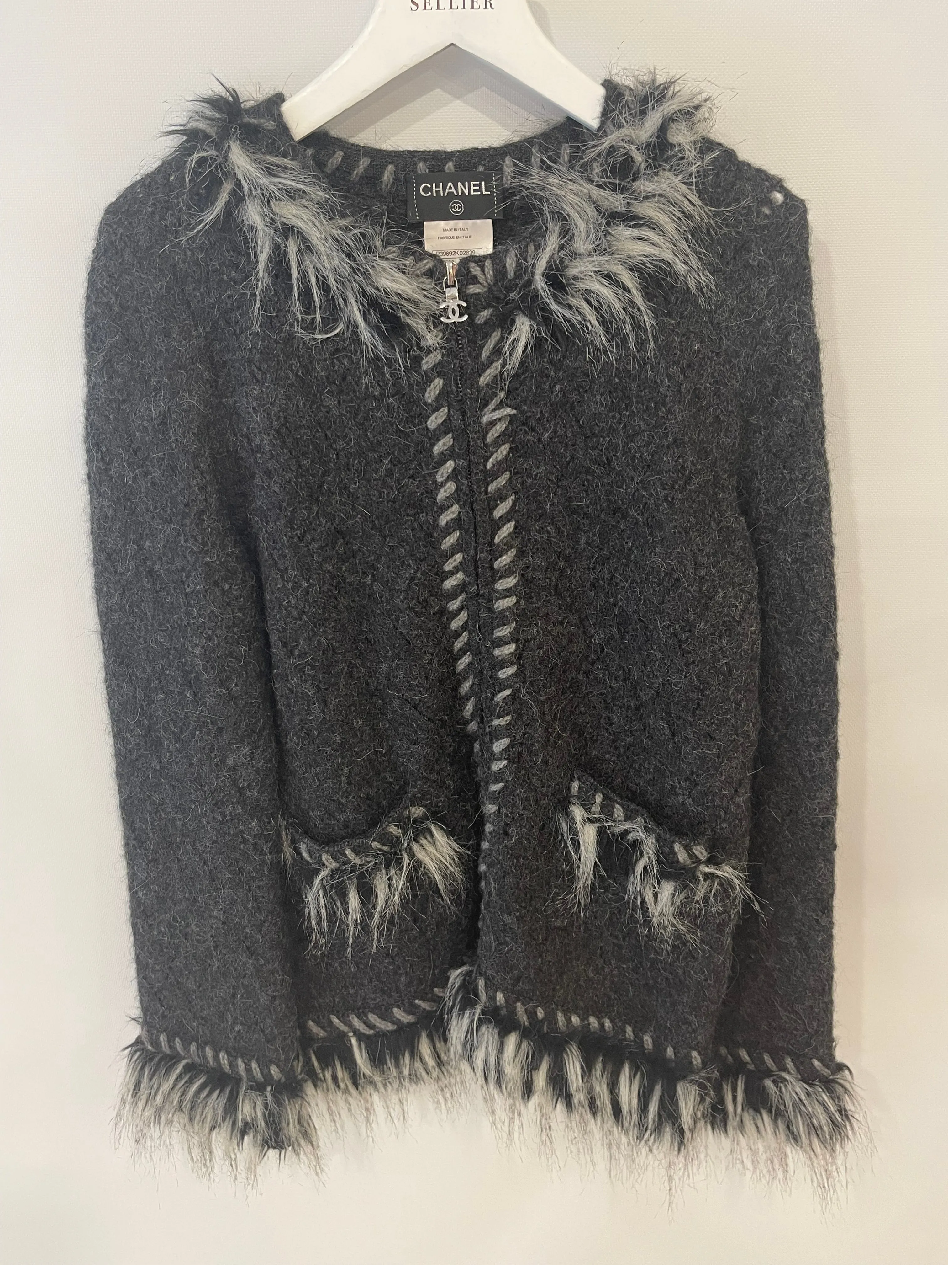 Chanel Dark Grey Cashmere And Alpaca Jacket With Pockets And Cc Logo Zip Detail Size Fr 40 (uk 12)