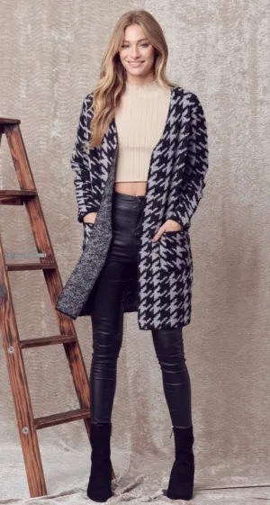 Cozy Open Front Houndstooth Cardigan