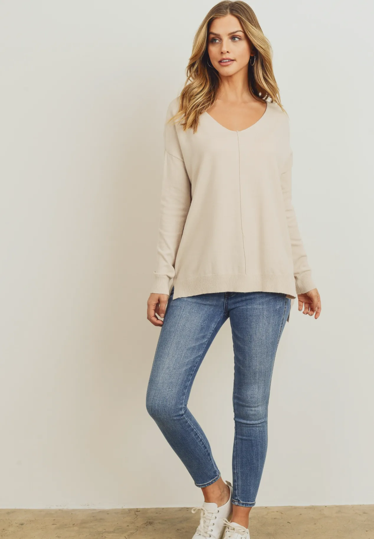 Cream V Neck Tunic Sweater