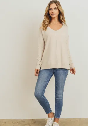 Cream V Neck Tunic Sweater