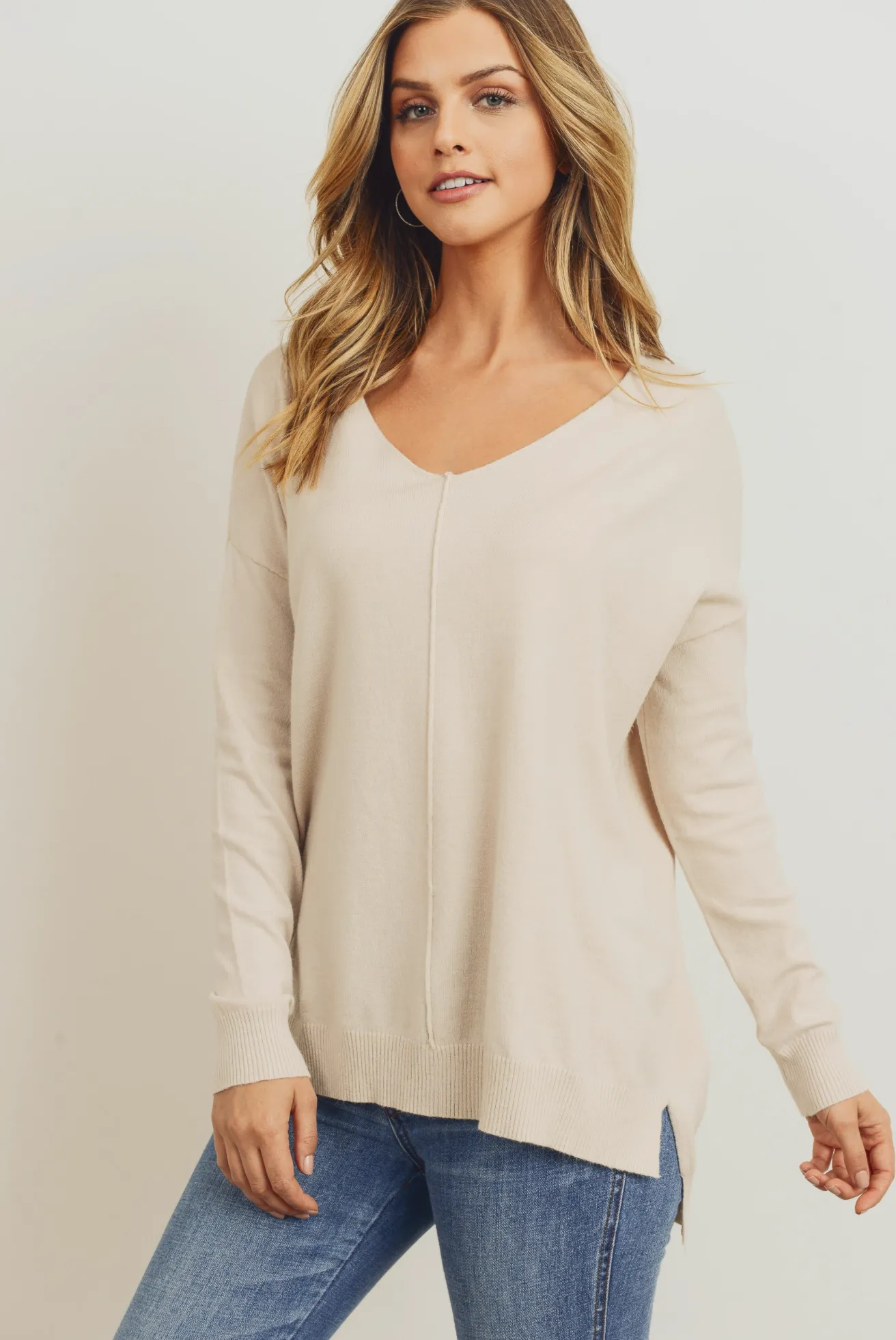 Cream V Neck Tunic Sweater