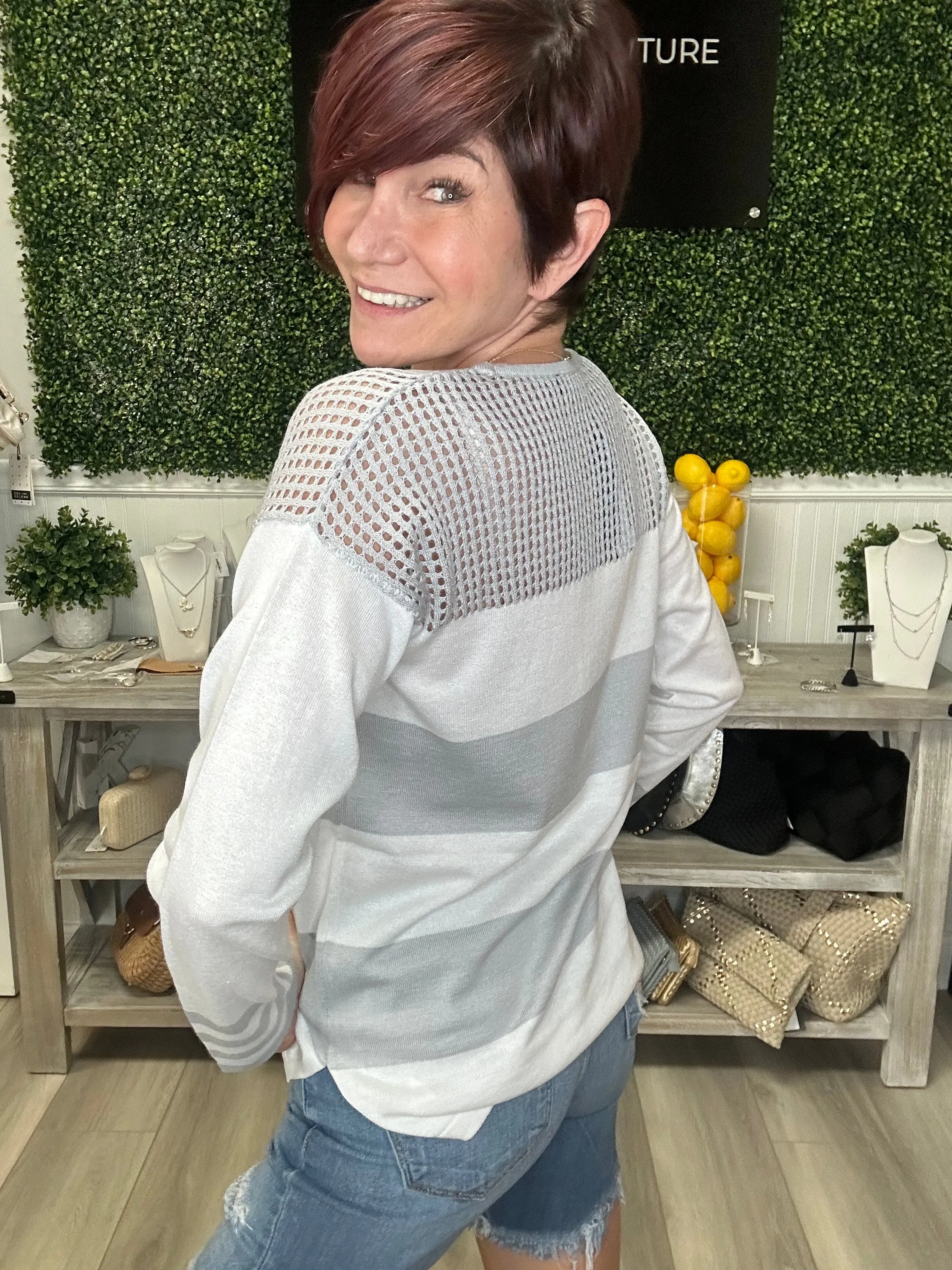 Crochet Scoop Neck Striped Sweater