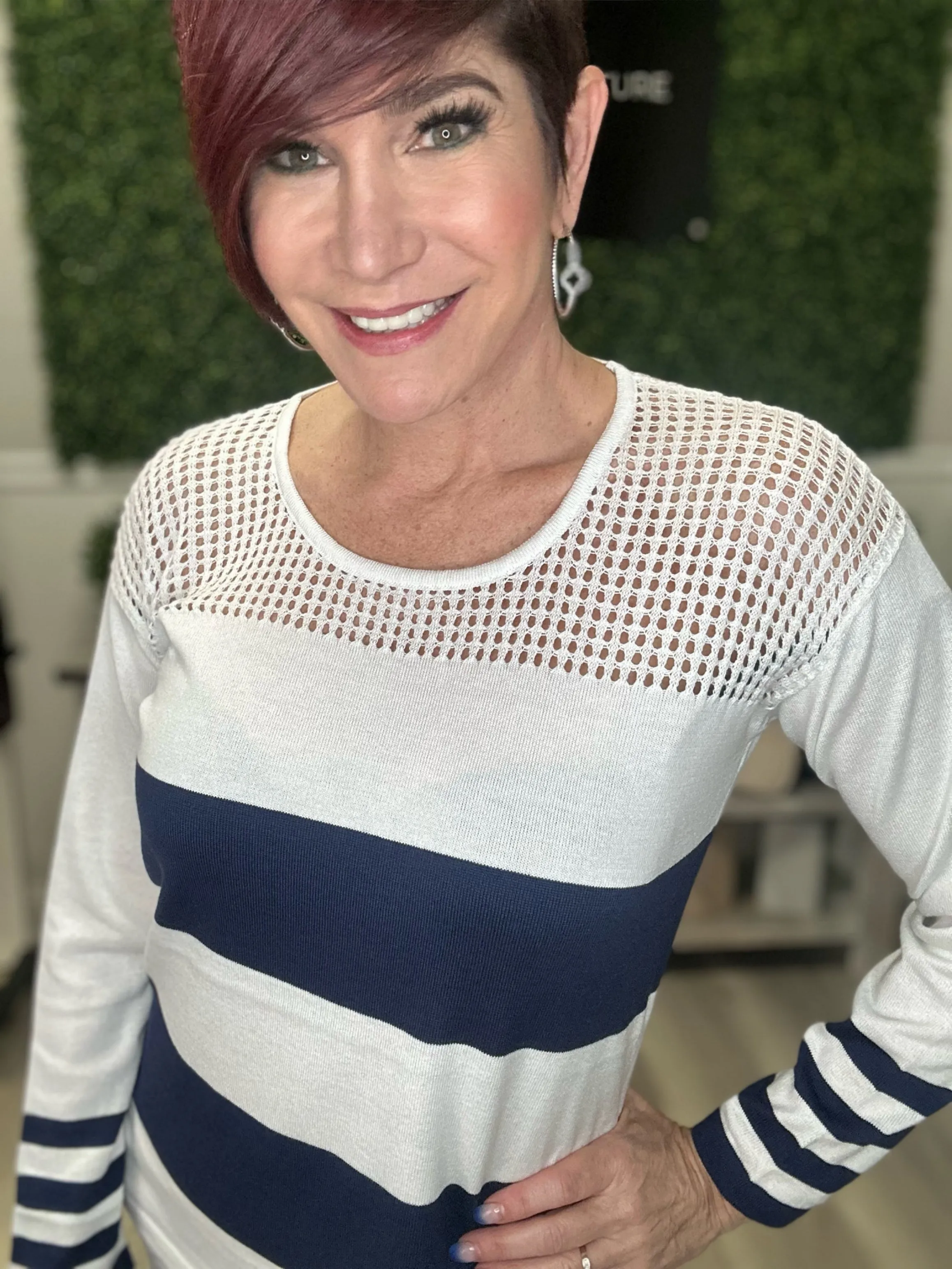 Crochet Scoop Neck Striped Sweater