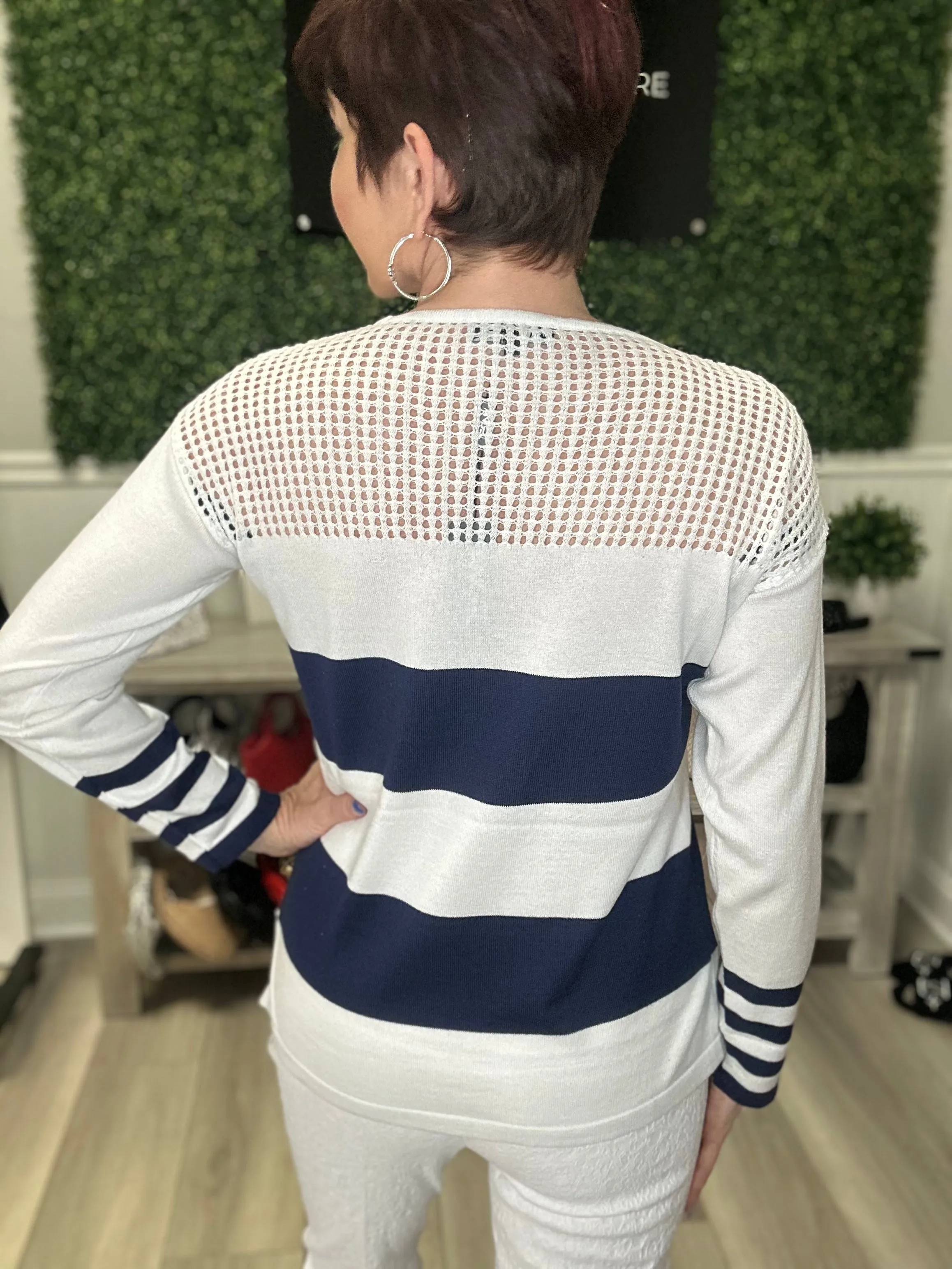 Crochet Scoop Neck Striped Sweater