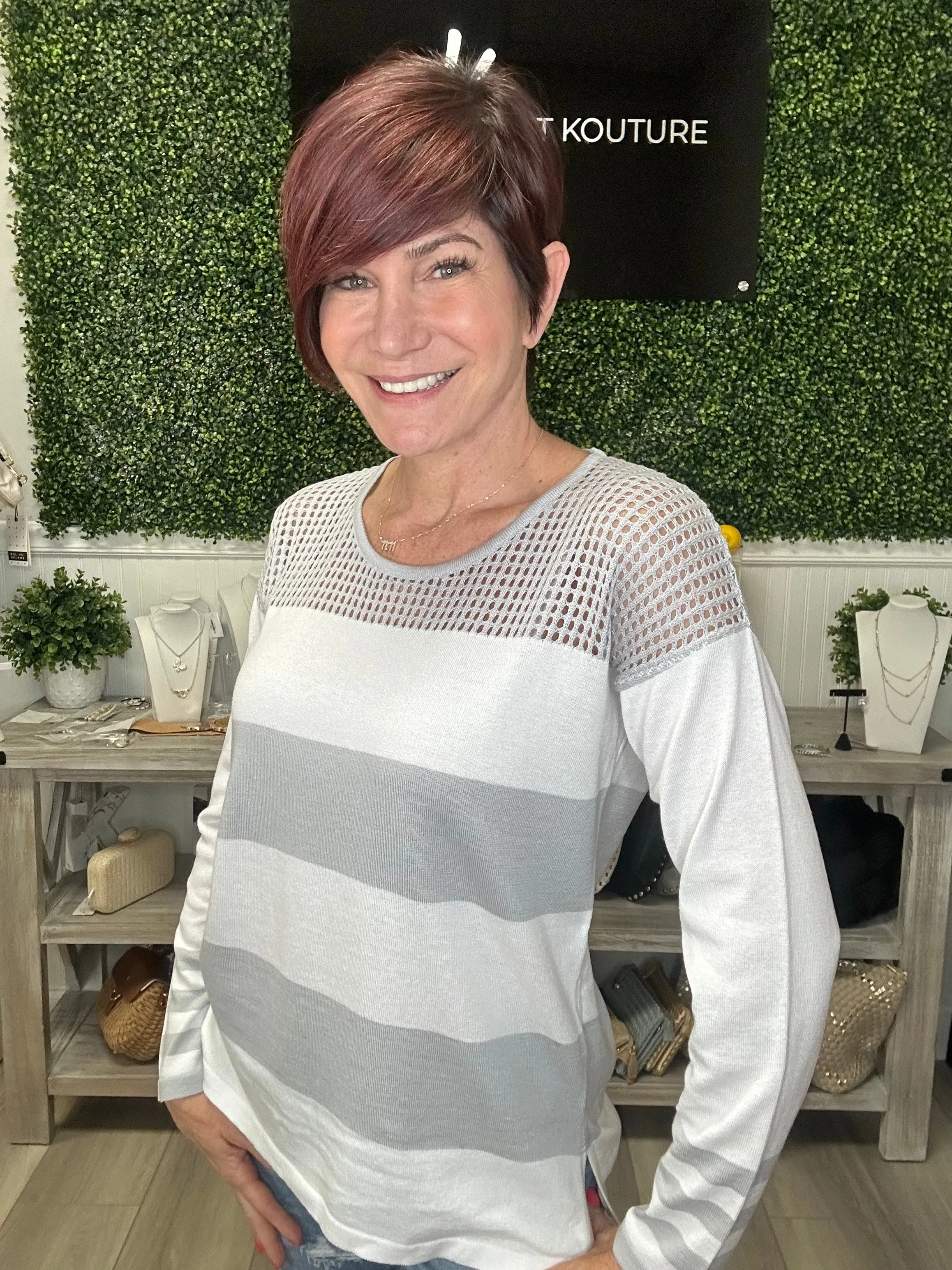 Crochet Scoop Neck Striped Sweater