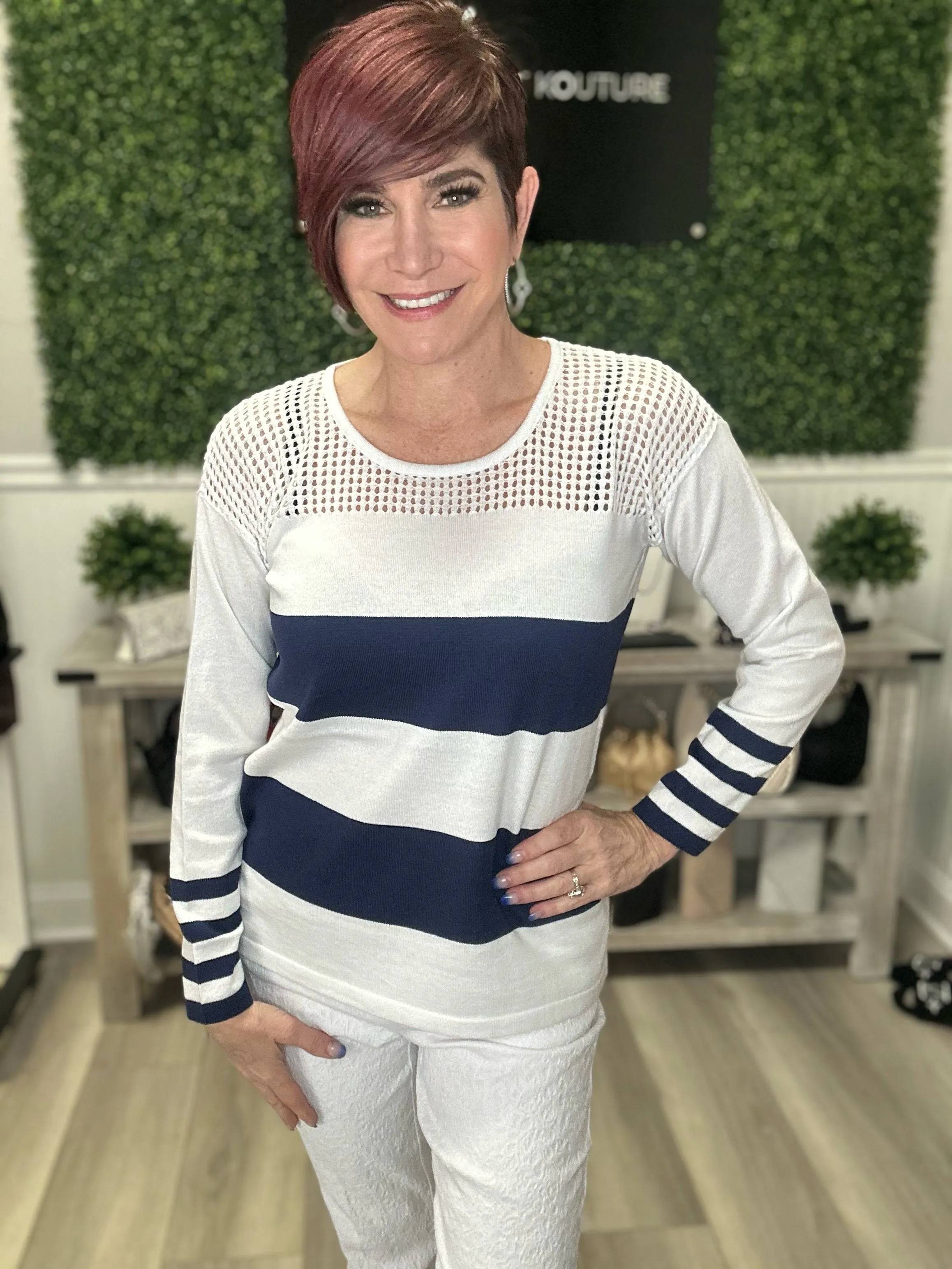 Crochet Scoop Neck Striped Sweater