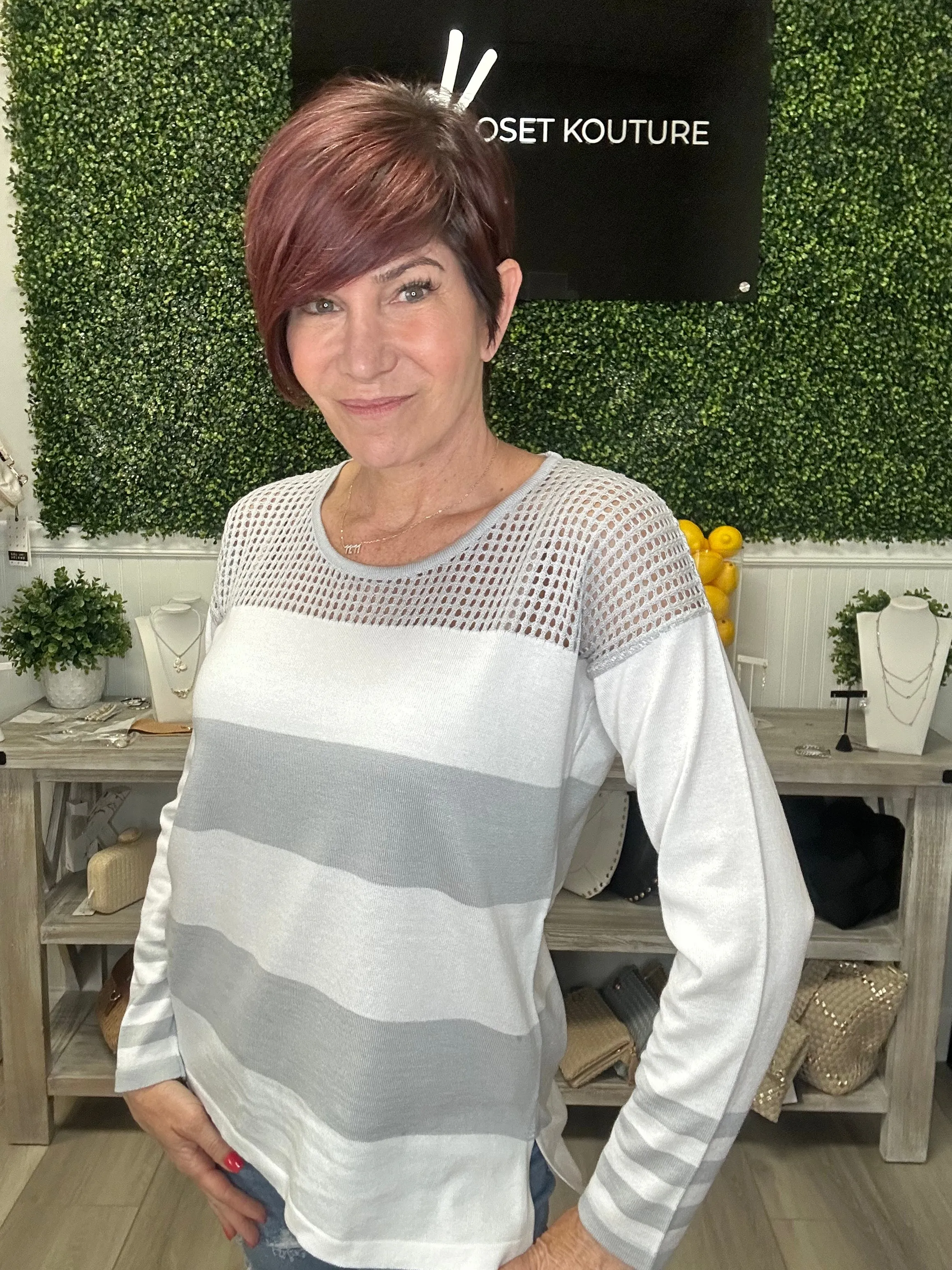Crochet Scoop Neck Striped Sweater