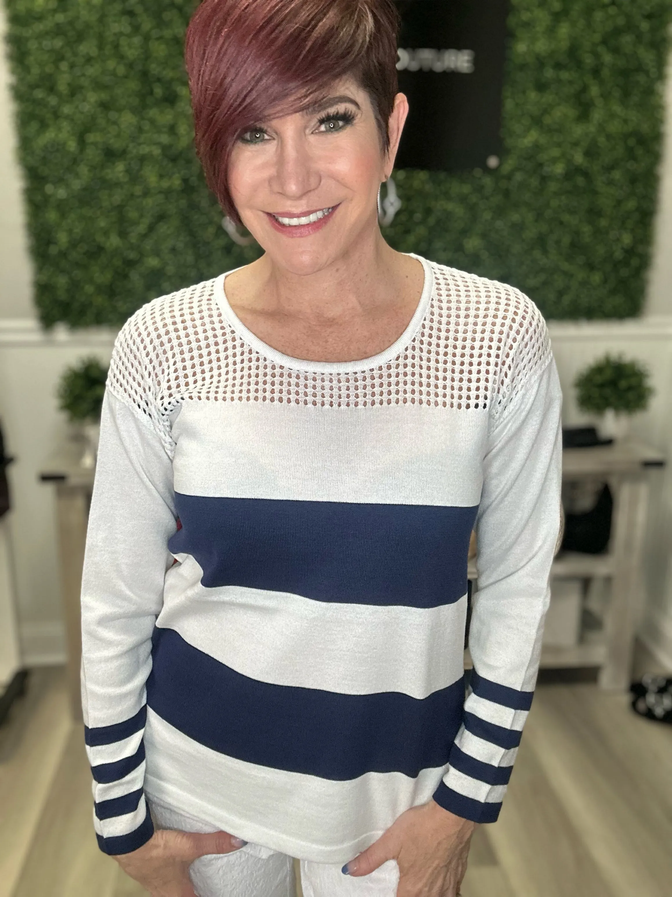 Crochet Scoop Neck Striped Sweater